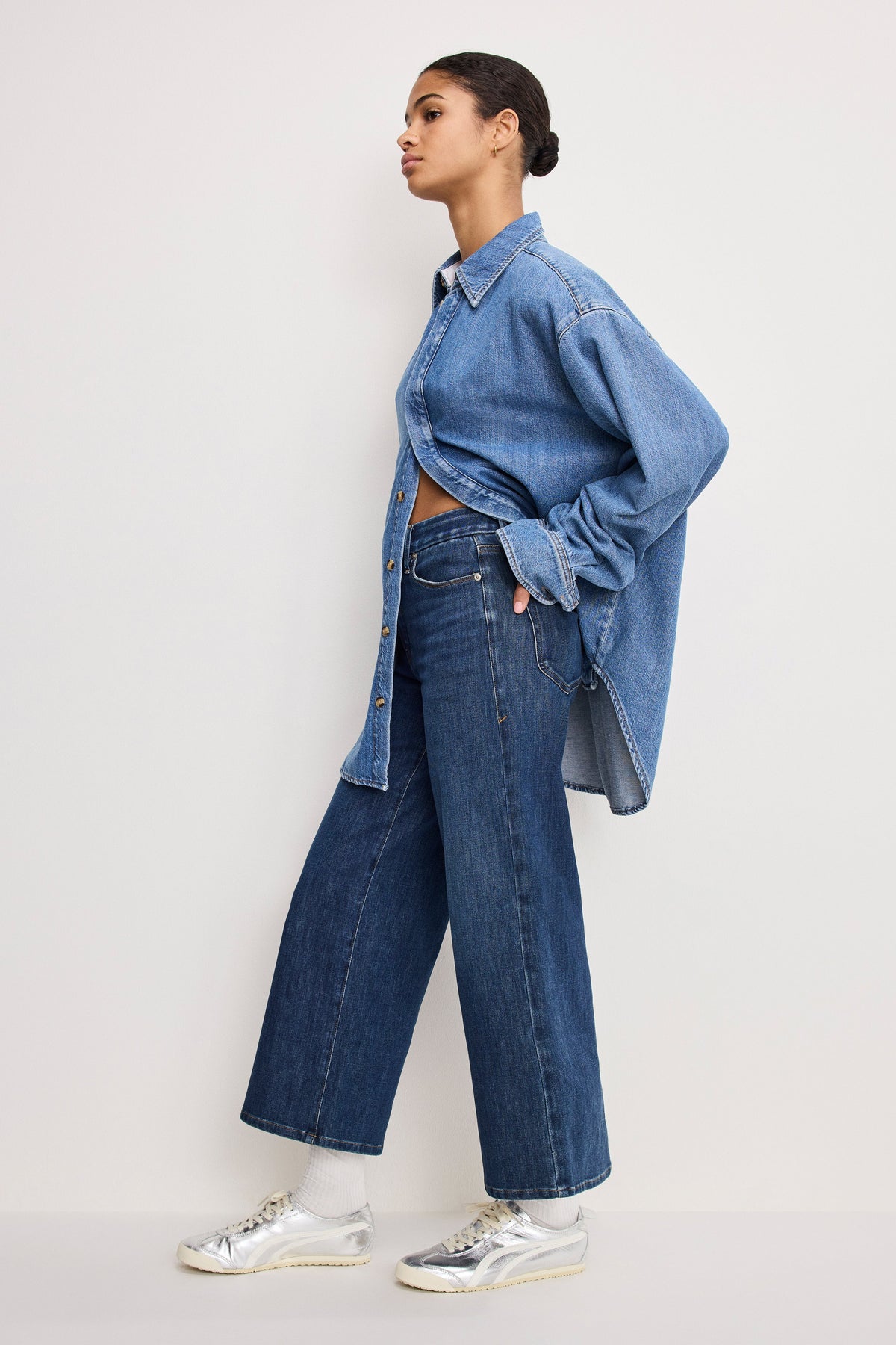 Premium SOFT TECH GOOD WAIST PALAZZO CROPPED JEANS INDIGO977
