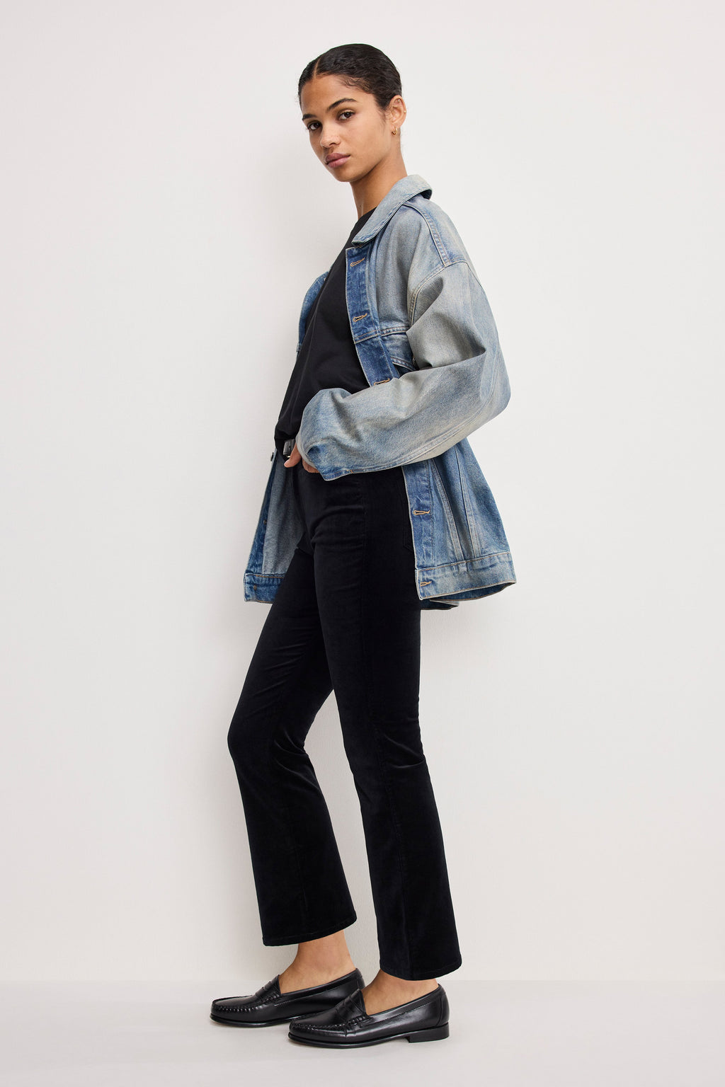 Premium VELVET GOOD HIGH RISE KICK FLARE PANTS BLACK001