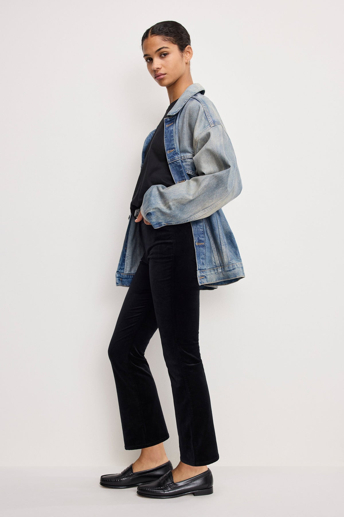 Premium VELVET GOOD HIGH RISE KICK FLARE PANTS BLACK001