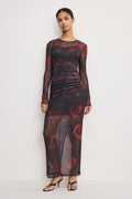 Premium MESH RUCHED MAXI DRESS MOODY RED ROSES001