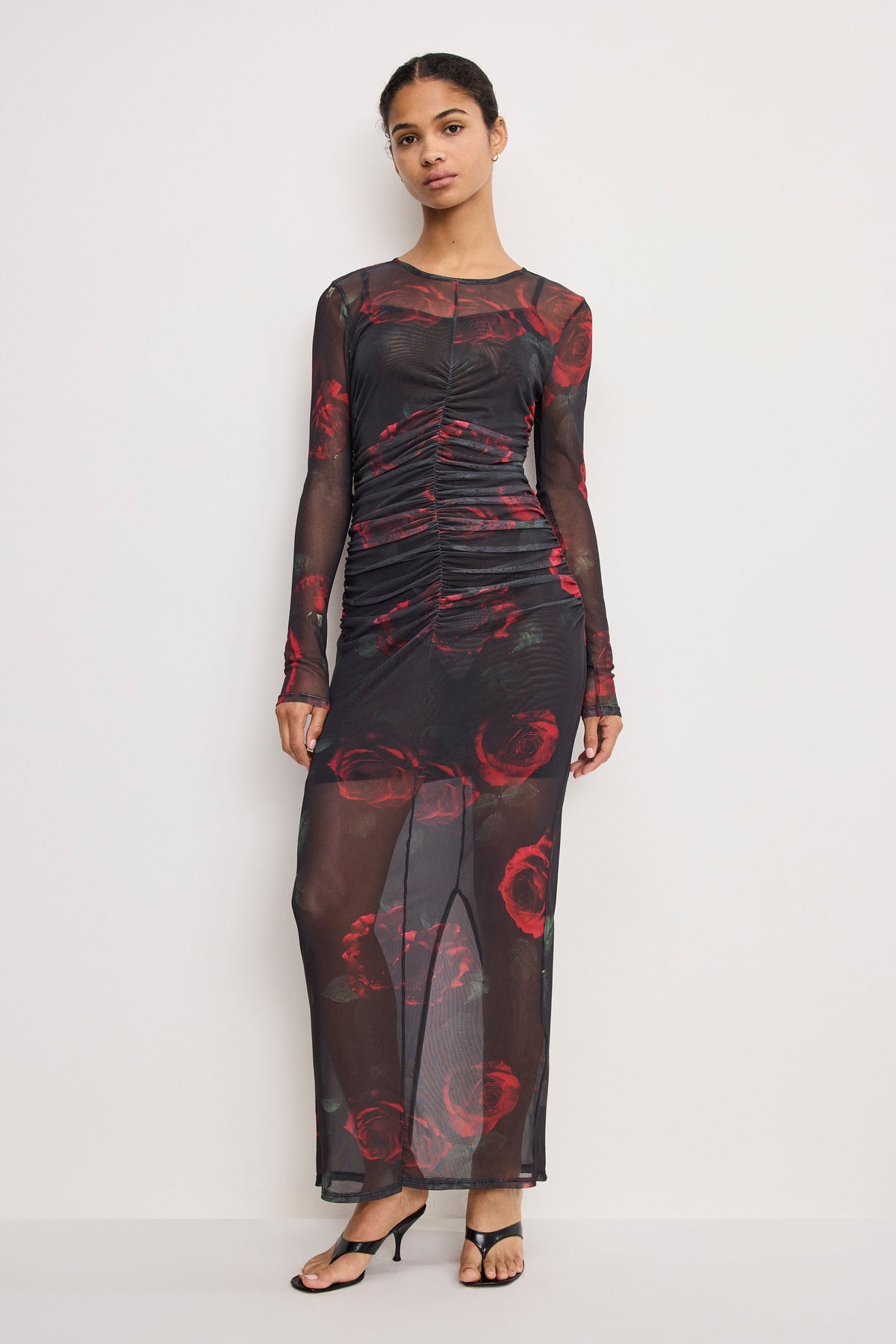 Premium MESH RUCHED MAXI DRESS MOODY RED ROSES001