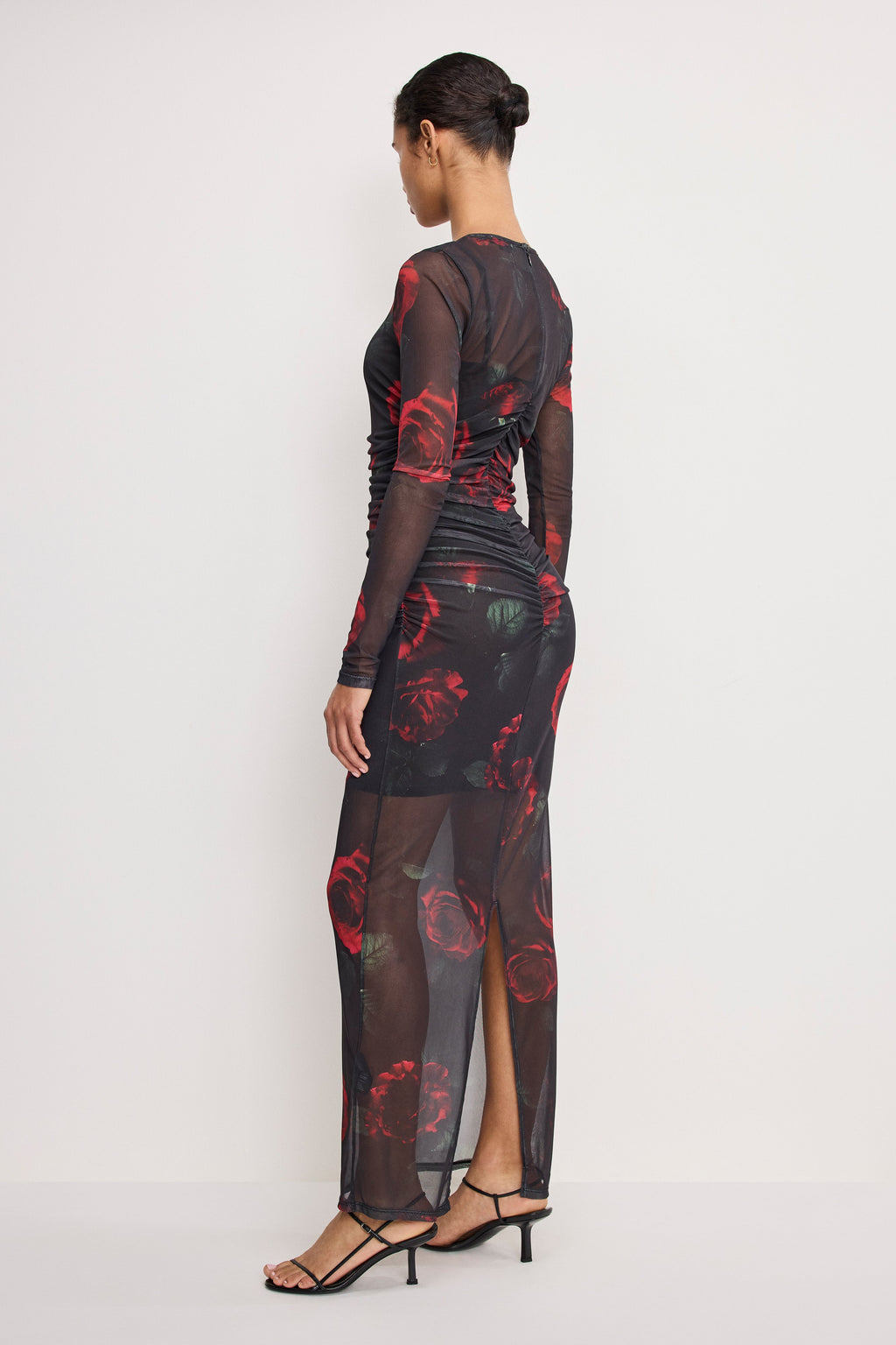 Premium MESH RUCHED MAXI DRESS MOODY RED ROSES001