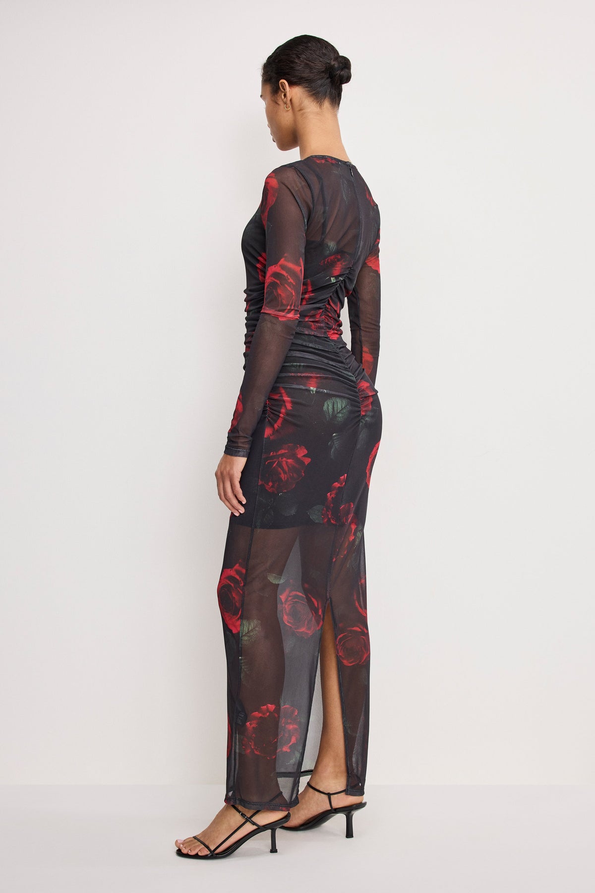 Premium MESH RUCHED MAXI DRESS MOODY RED ROSES001