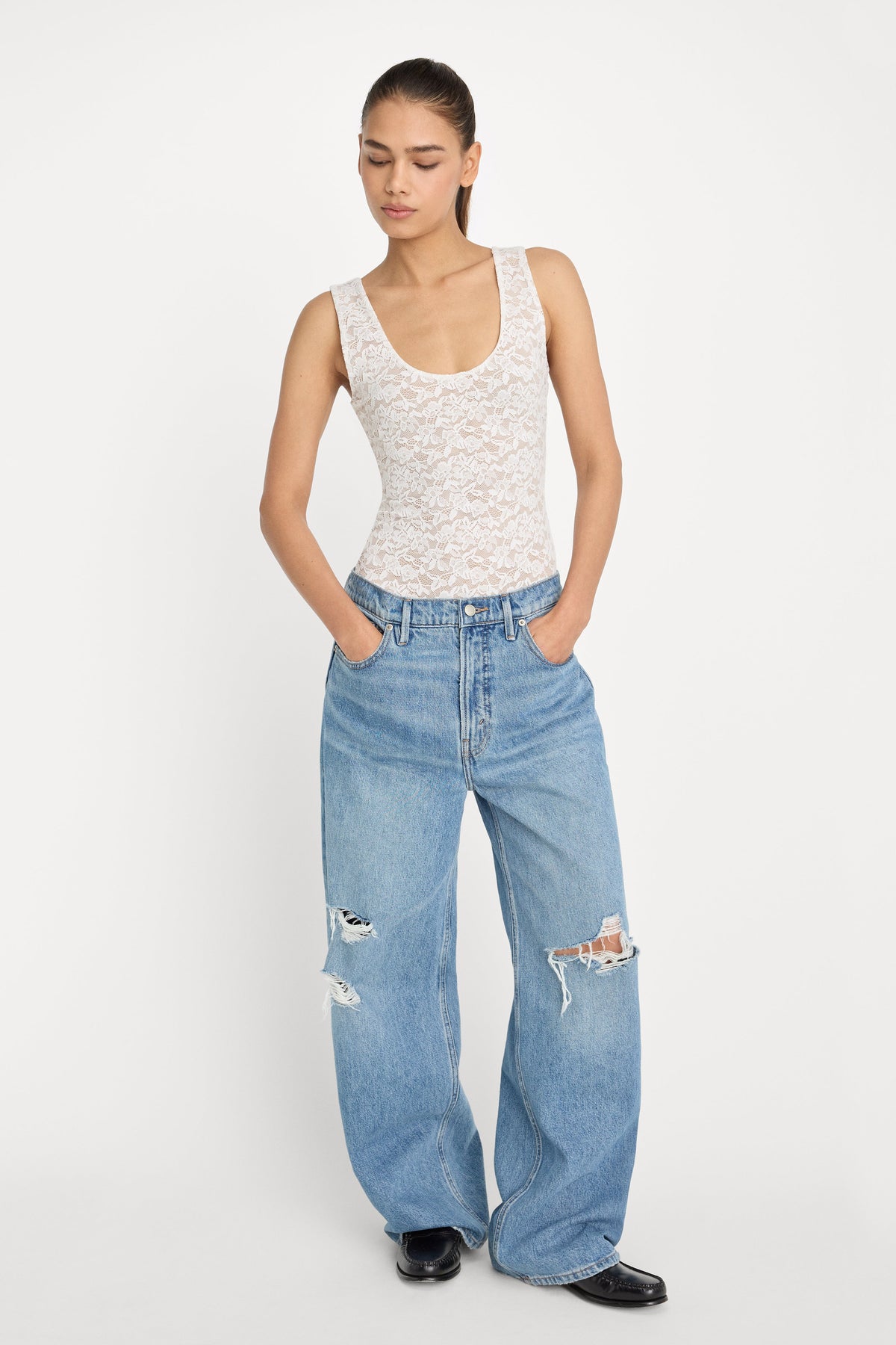 Premium STRETCH LACE SCOOP TANK BODYSUIT CHALK