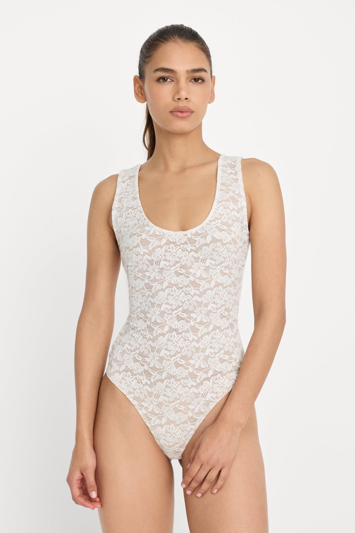 Premium STRETCH LACE SCOOP TANK BODYSUIT CHALK