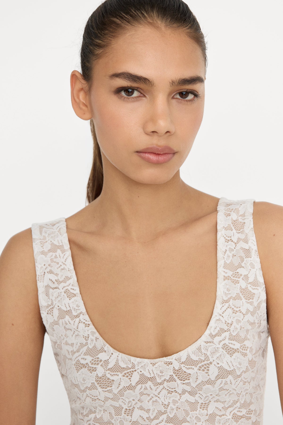 Premium STRETCH LACE SCOOP TANK BODYSUIT CHALK