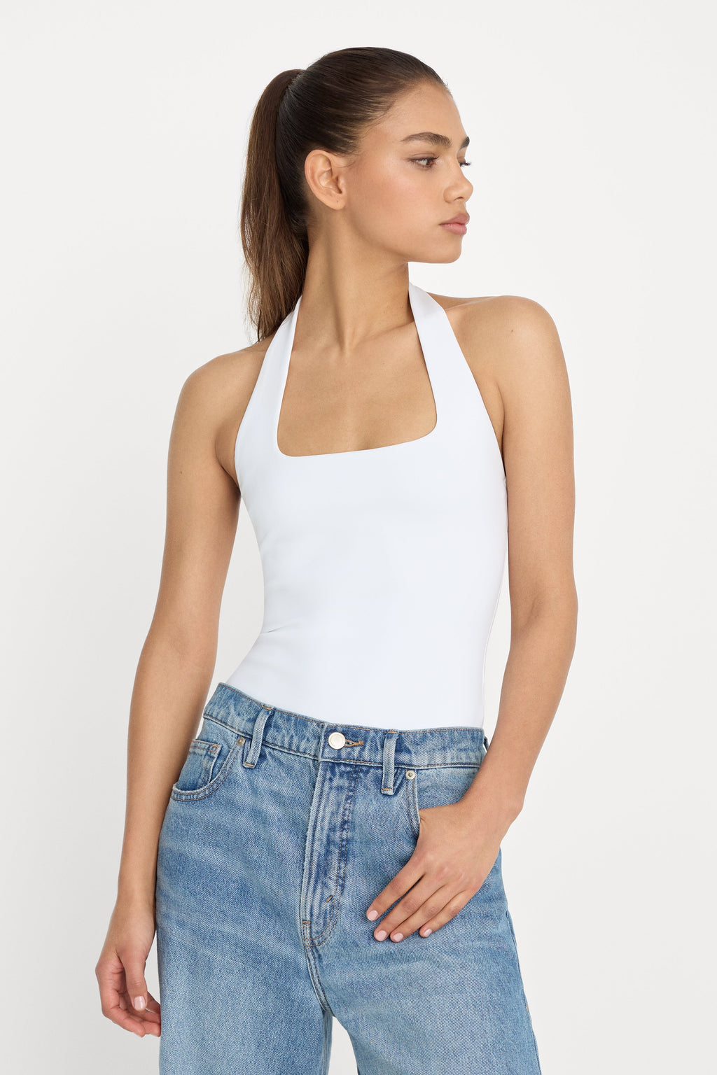 Premium SCULPTING HALTER SQUARE NECK BODYSUIT WHITE001