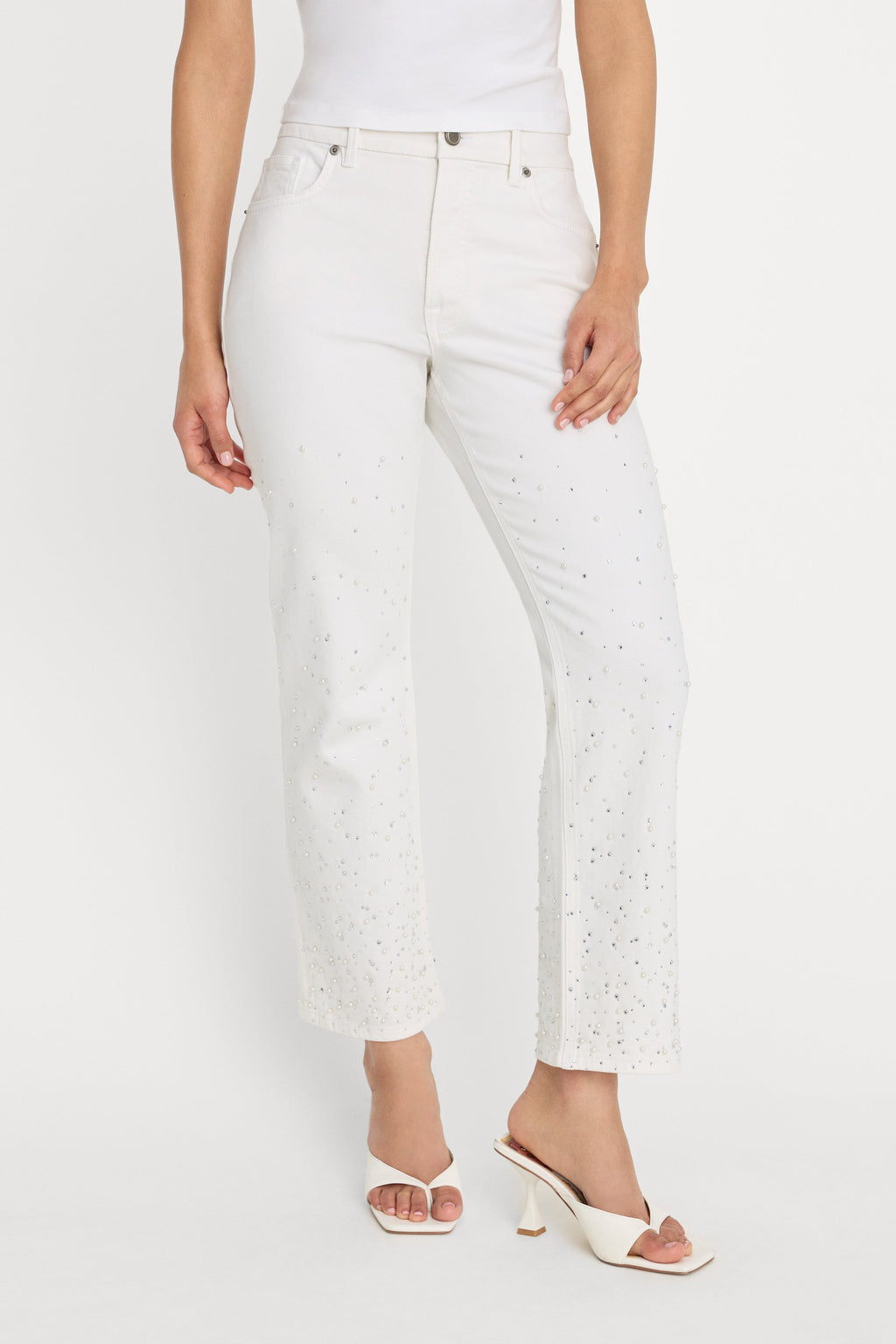 Premium GOOD ICON STRAIGHT ANKLE PEARL JEANS WHITE001