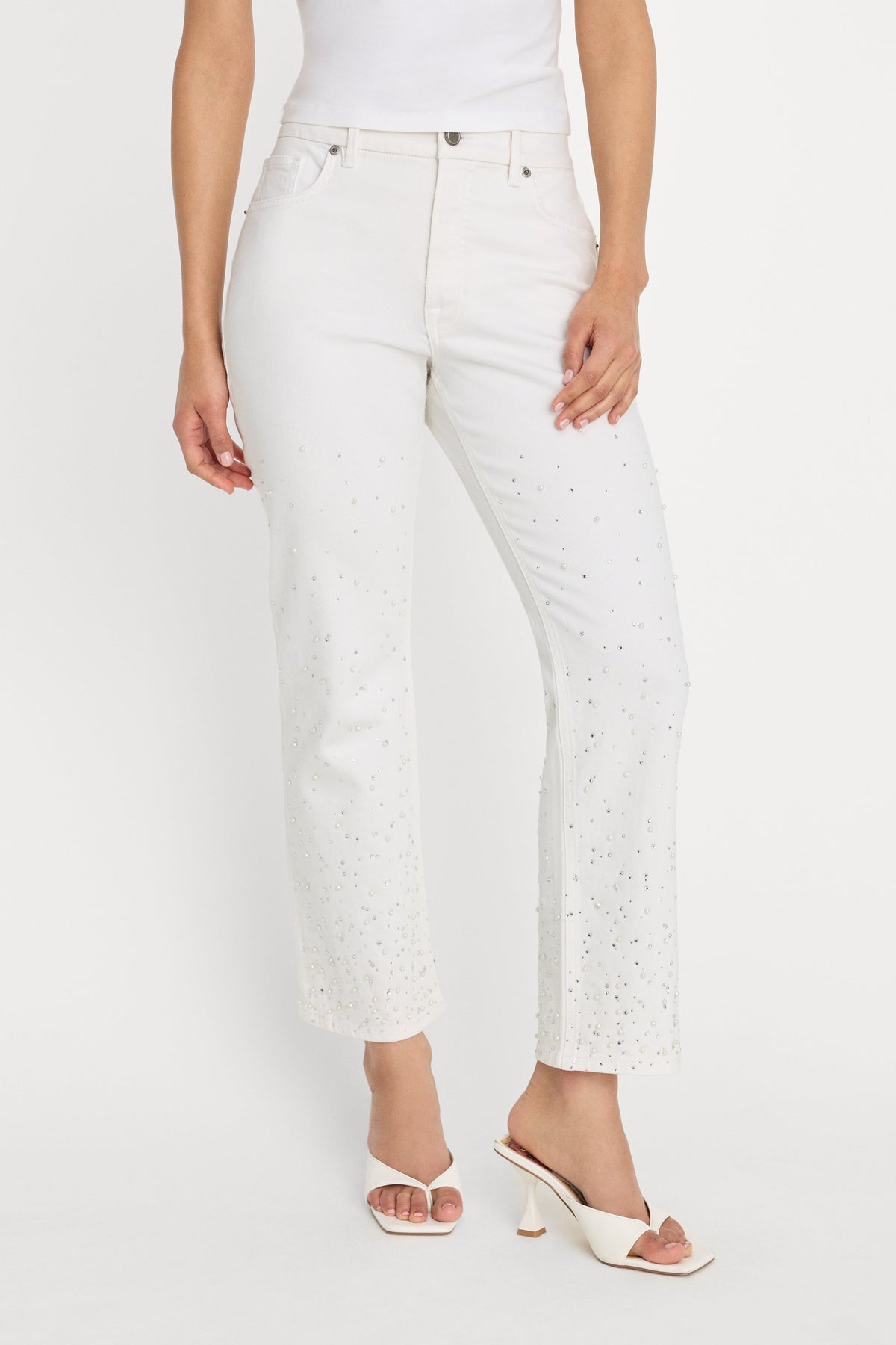 Premium GOOD ICON STRAIGHT ANKLE PEARL JEANS WHITE001