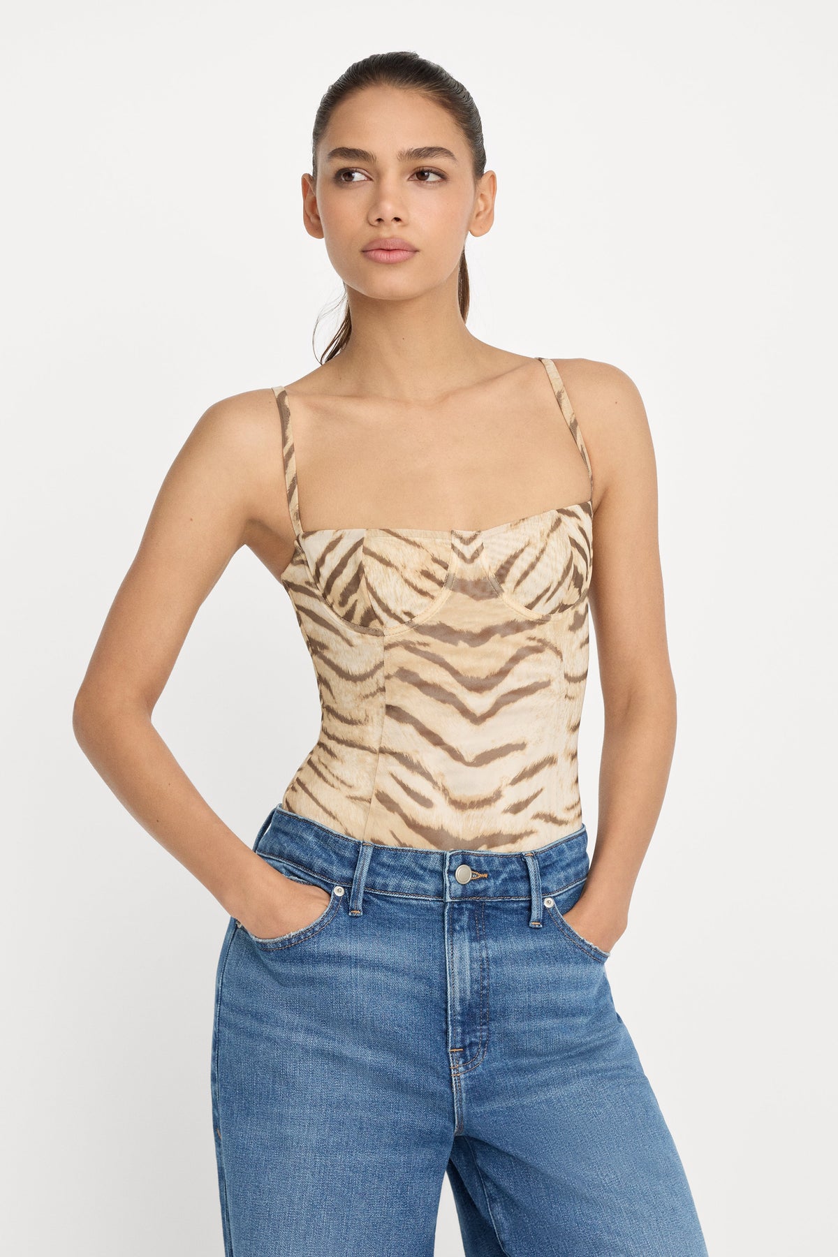 Premium MESH BUSTIER BODYSUIT BROWN TIGER