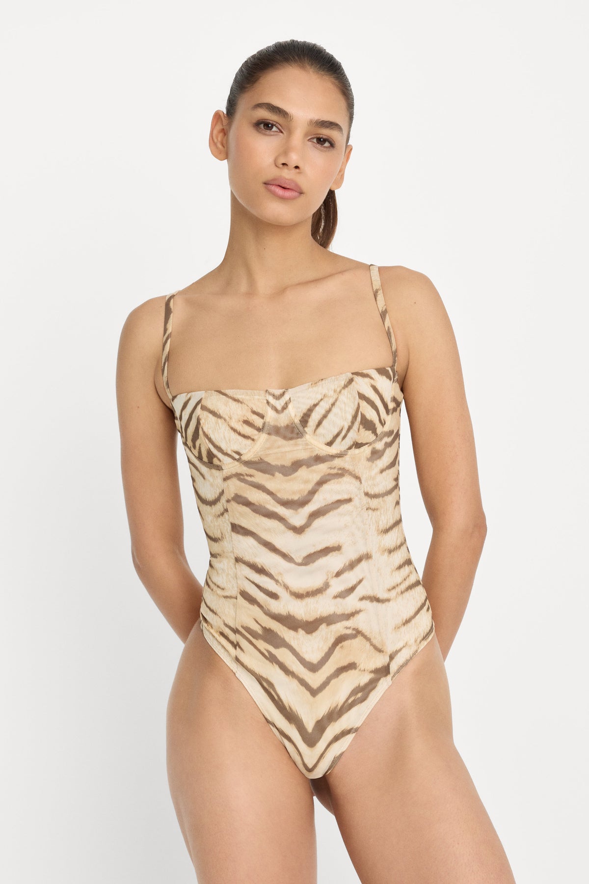 Premium MESH BUSTIER BODYSUIT BROWN TIGER
