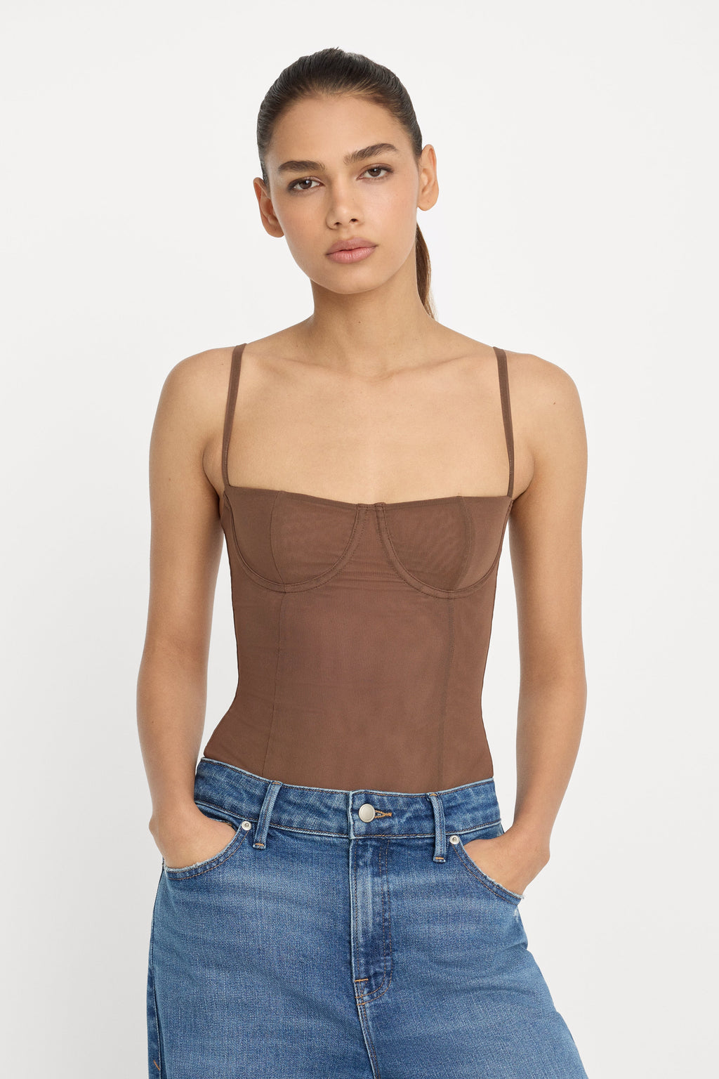 Premium MESH BUSTIER BODYSUIT SADDLEWOOD