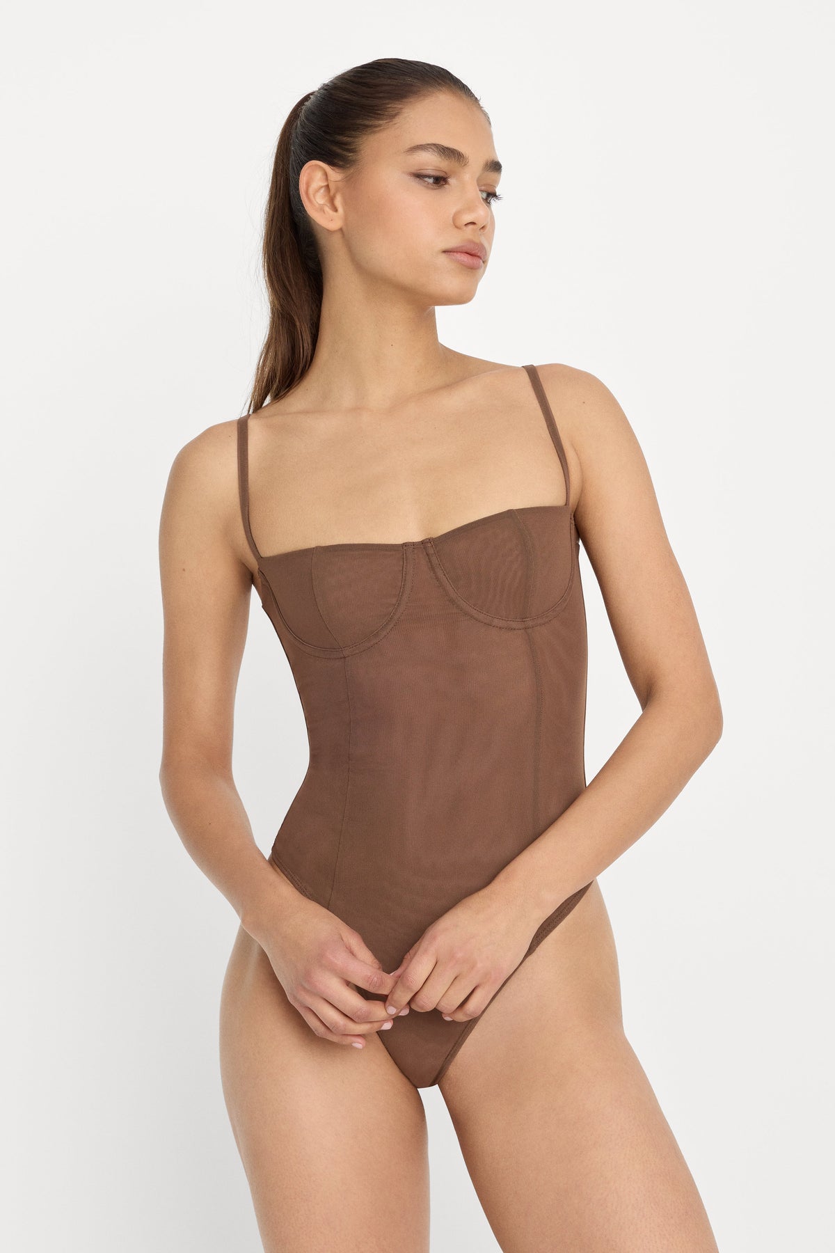 Premium MESH BUSTIER BODYSUIT SADDLEWOOD