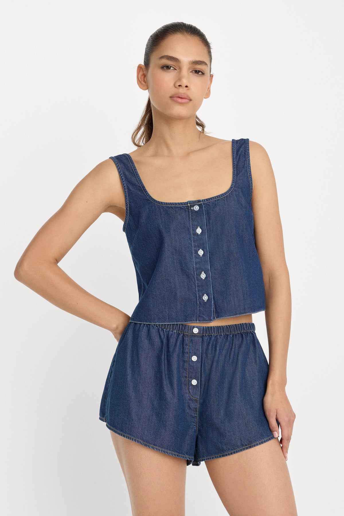 Premium DENIM BUTTON FRONT TANK INDIGO1187