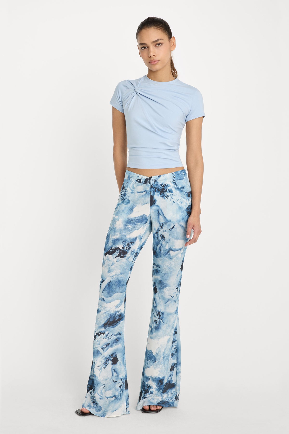 Premium V WAIST CHIFFON FLARE PANTS BLUE ANGEL PRINT