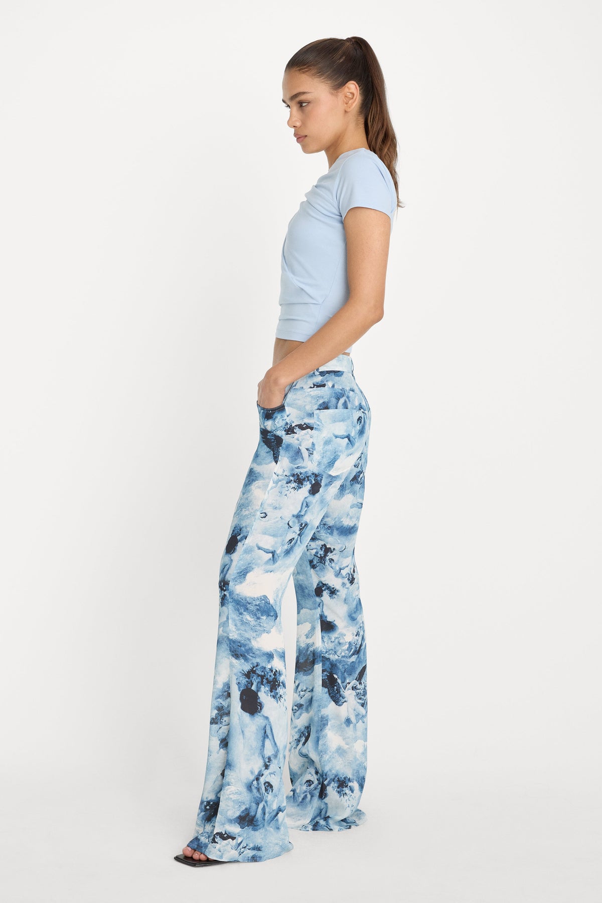 Premium V WAIST CHIFFON FLARE PANTS BLUE ANGEL PRINT