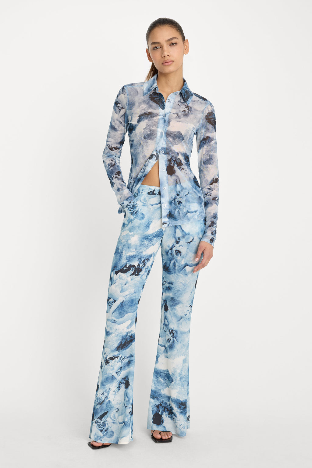 Premium MESH BUTTON UP TOP BLUE ANGEL PRINT