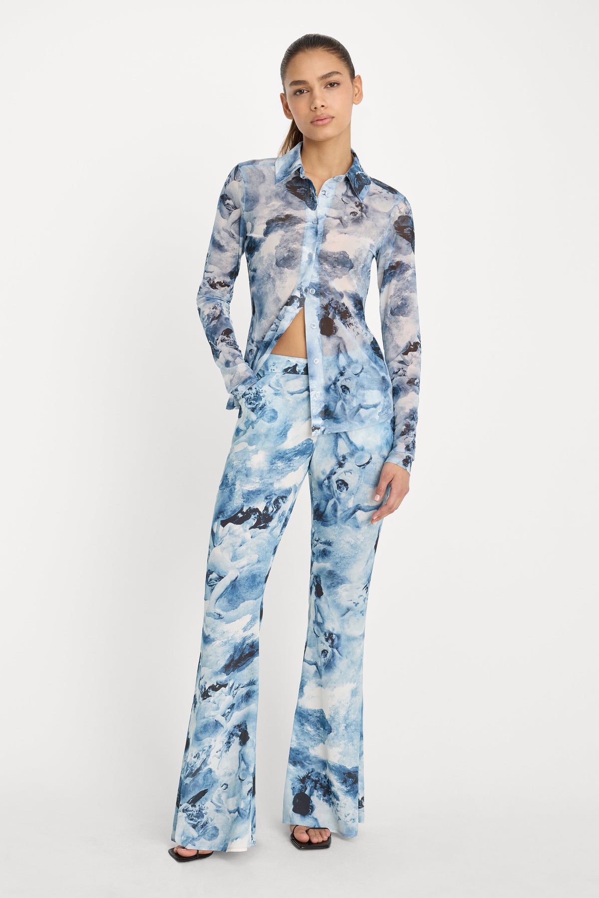 Premium MESH BUTTON UP TOP BLUE ANGEL PRINT