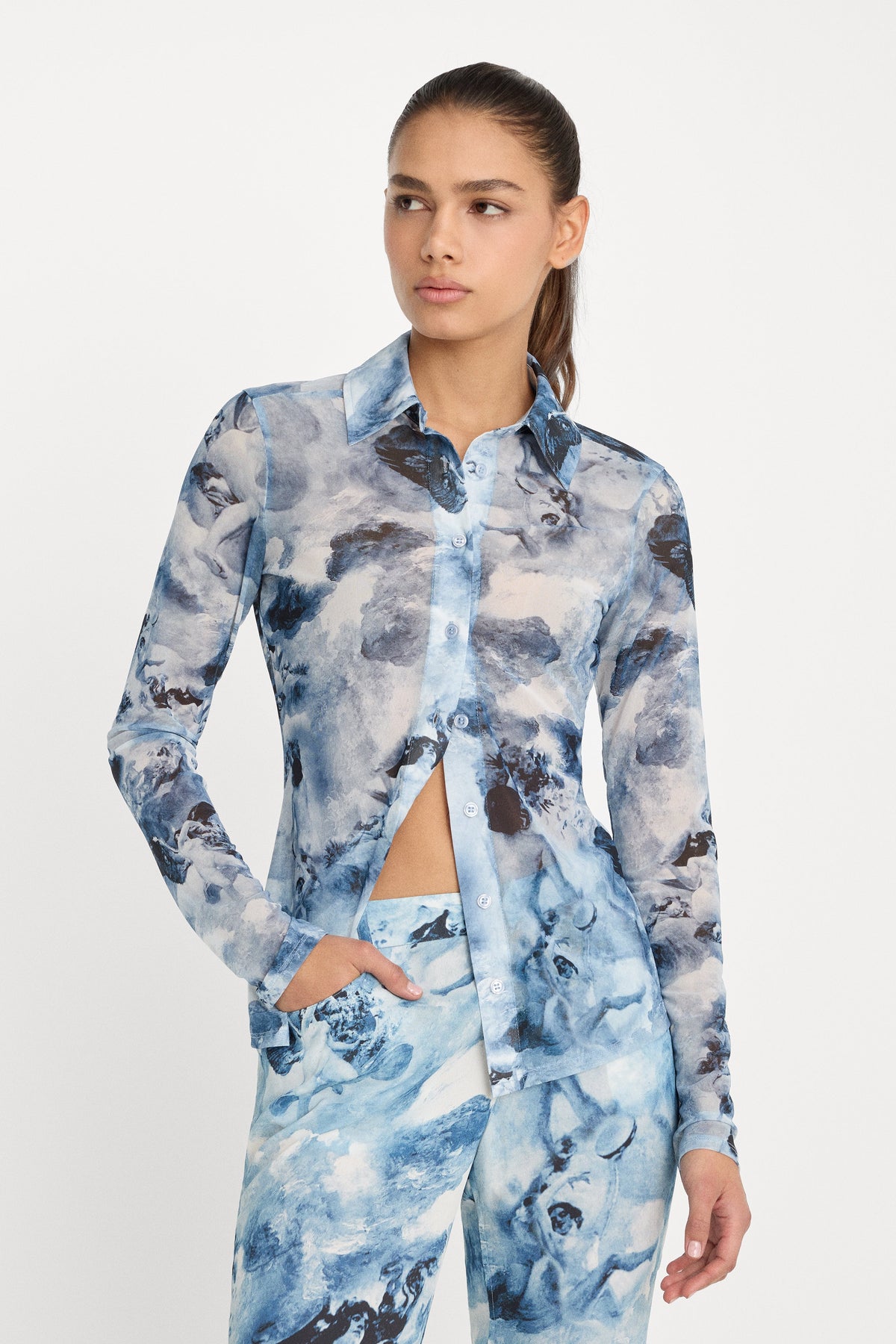 Premium MESH BUTTON UP TOP BLUE ANGEL PRINT