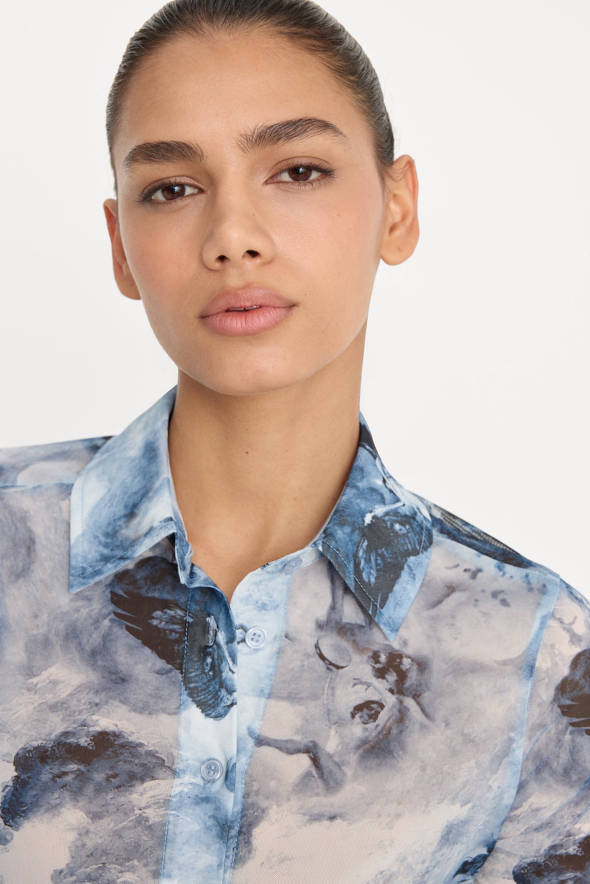 Premium MESH BUTTON UP TOP BLUE ANGEL PRINT