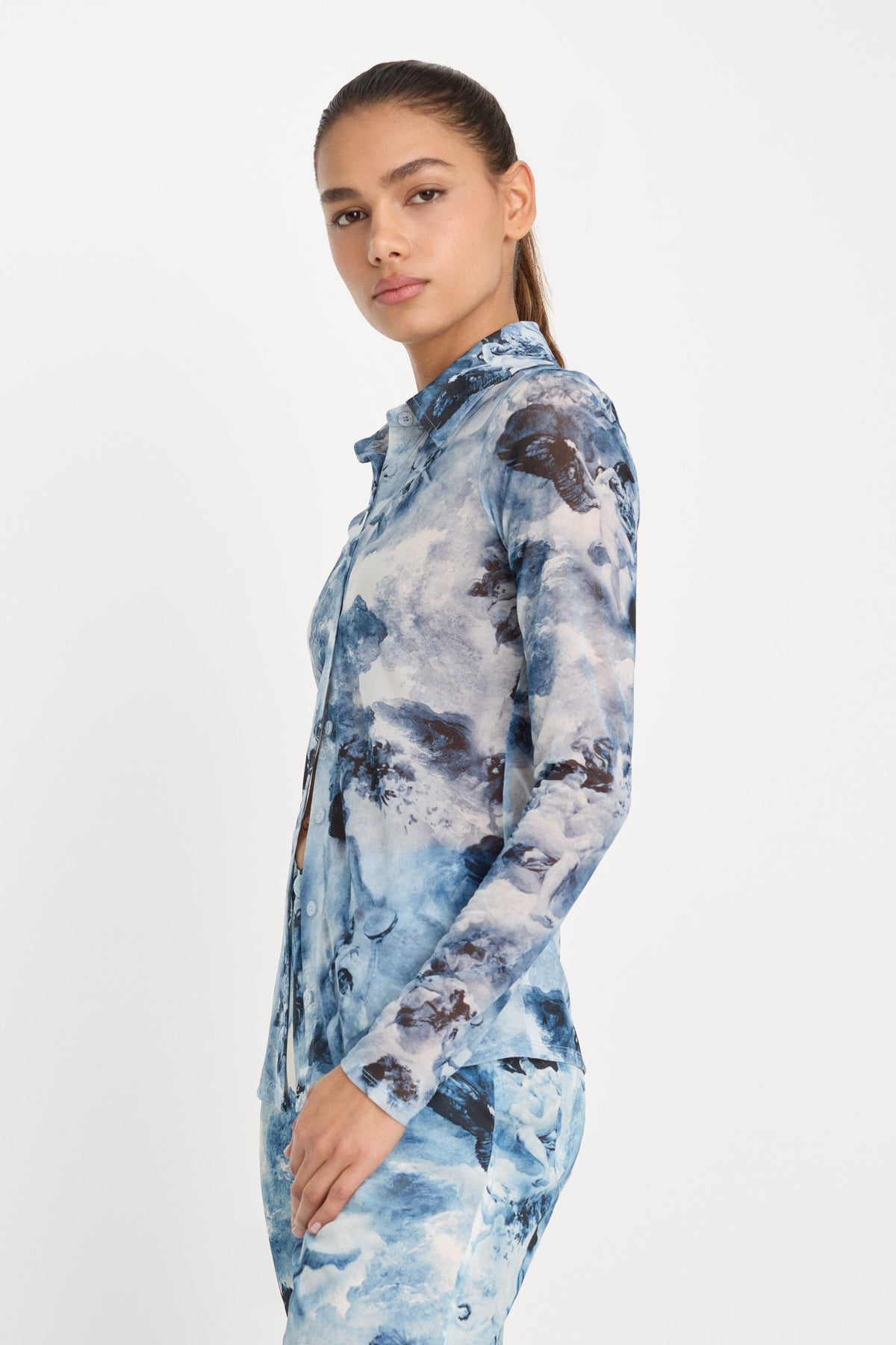 Premium MESH BUTTON UP TOP BLUE ANGEL PRINT