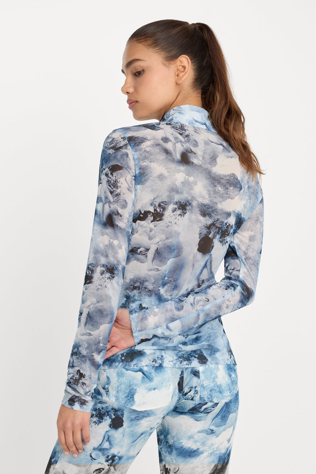 Premium MESH BUTTON UP TOP BLUE ANGEL PRINT