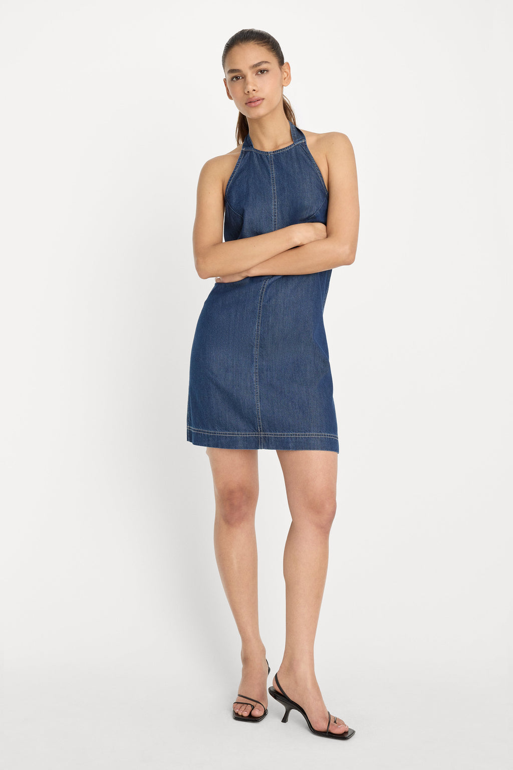 Premium DENIM HALTER SHIFT DRESS INDIGO1187