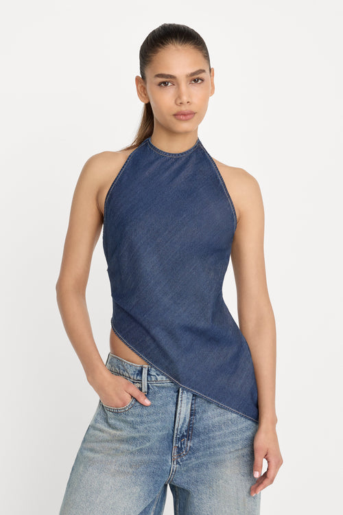 Premium ASYMMETRIC HEM HALTER TOP INDIGO1187