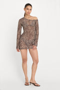 Premium PRINT MESH ASYMMETRIC LONG SLEEVE MINI DRESS LUCKY LEOPARD001