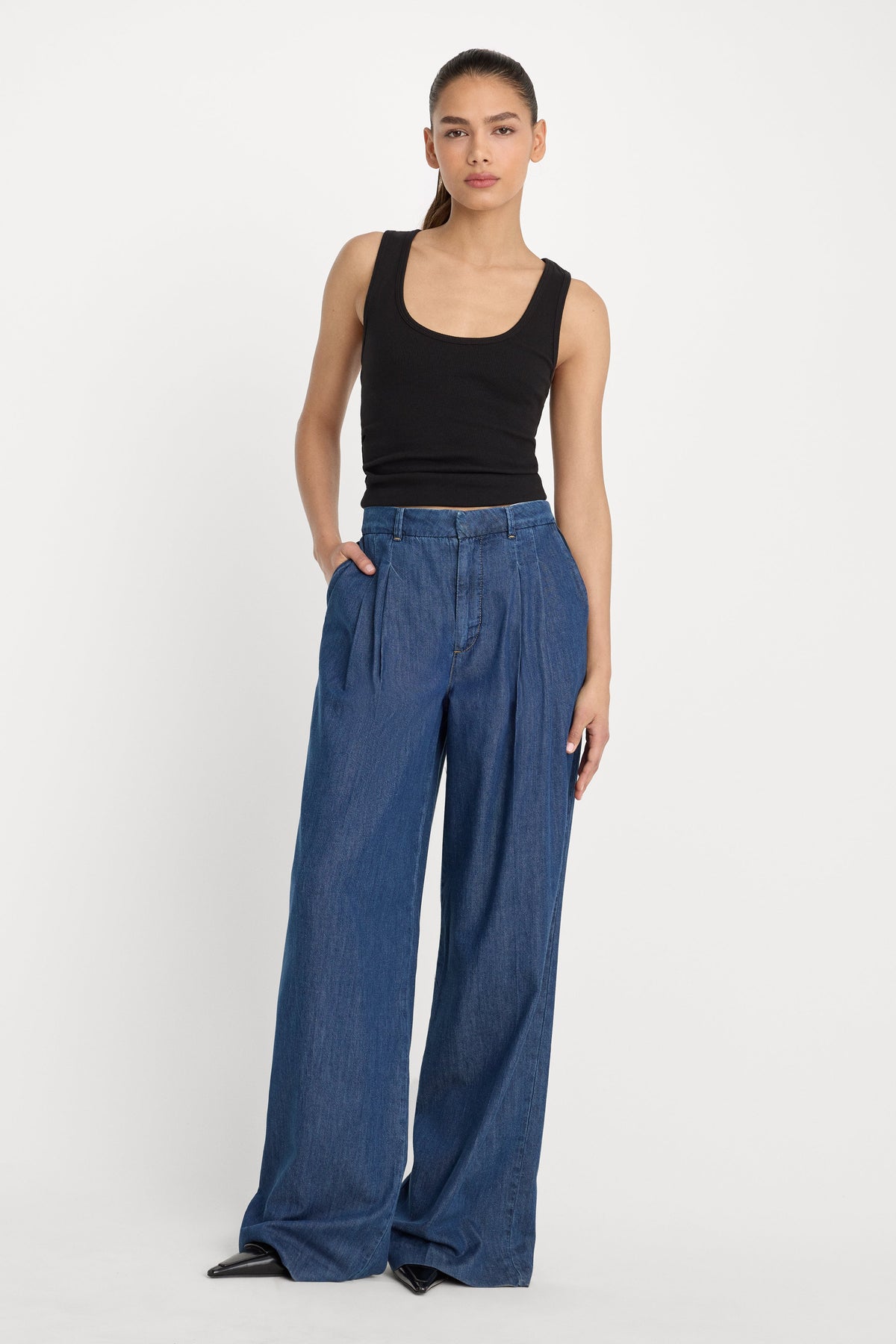 Premium PLEATED HIGH WAISTED WIDE LEG TROUSER INDIGO1187