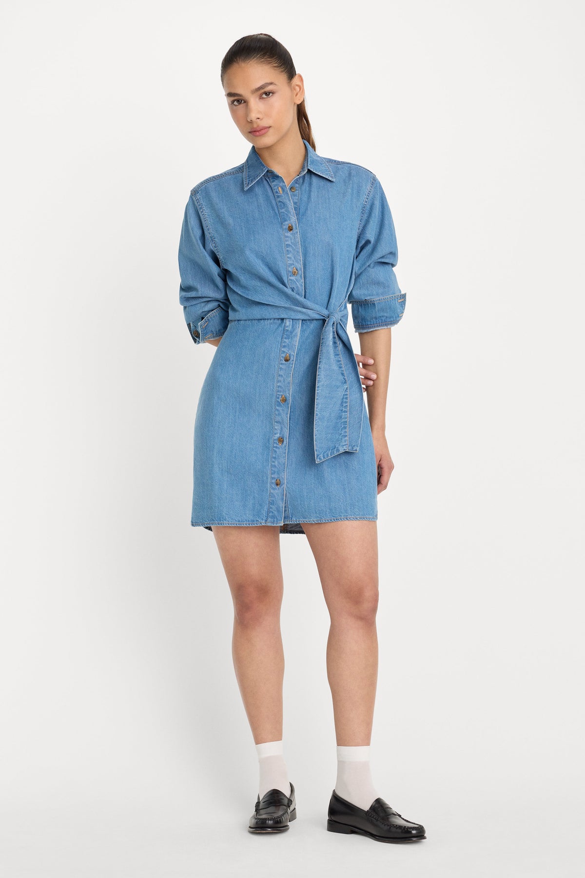 Premium DENIM WRAP SHIRT DRESS INDIGO266