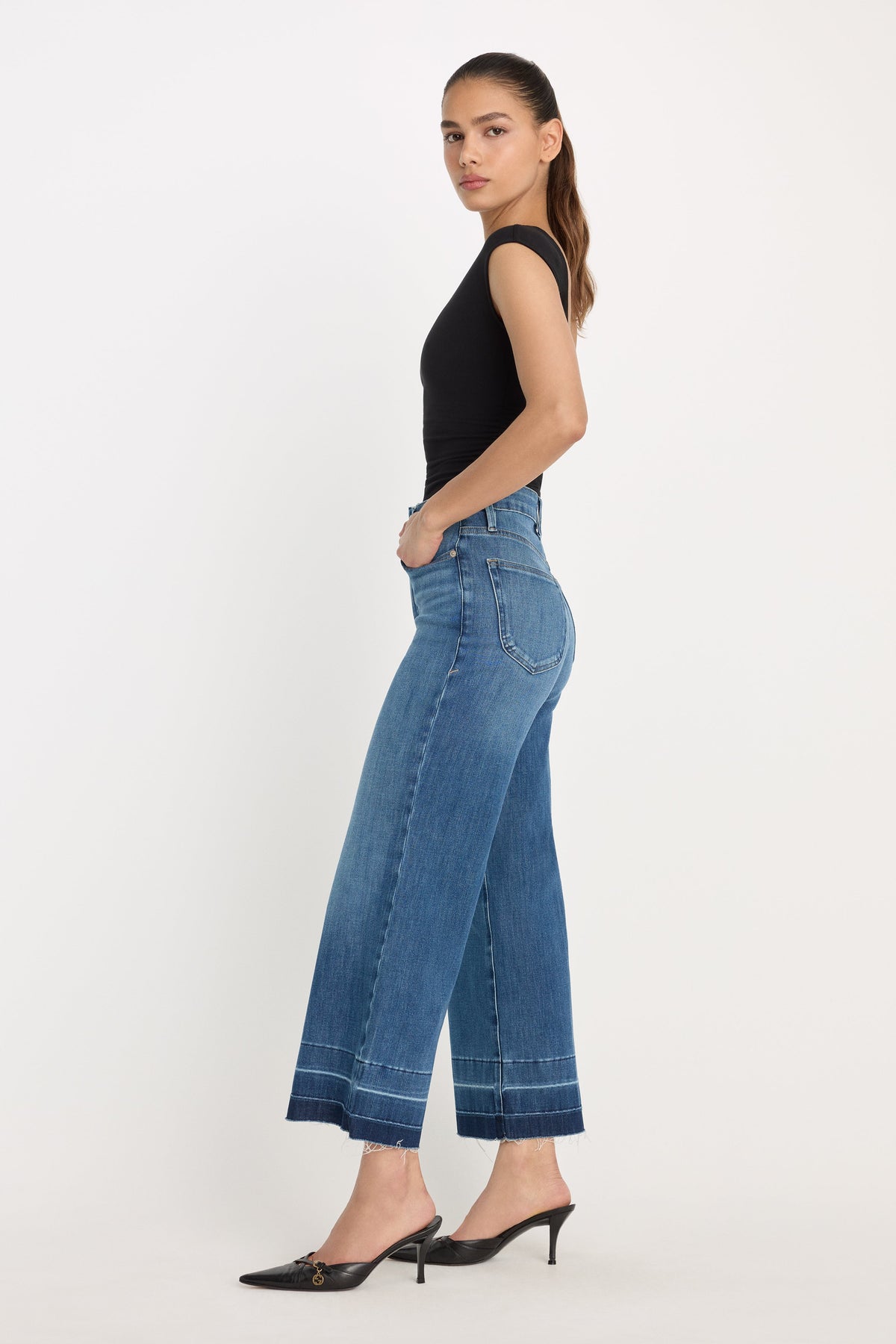 Premium SOFT TECH GOOD WAIST PALAZZO CROPPED JEANS INDIGO1213