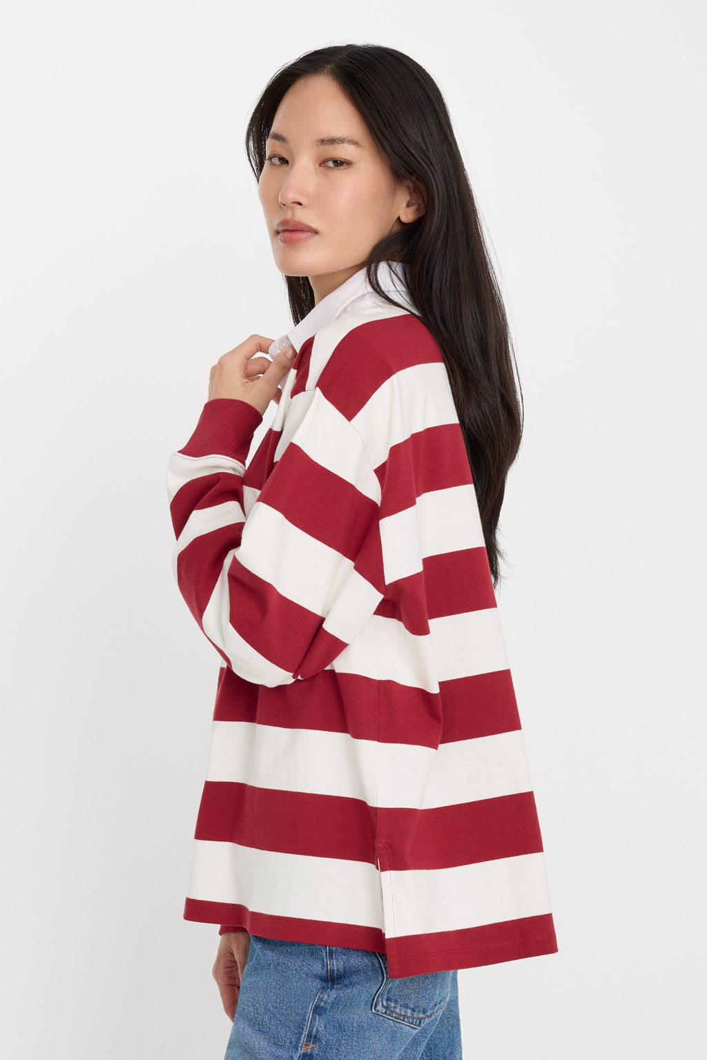 Premium OVERSIZED RUGBY TEE MERLOT AND CHALK RUGBY STRIPE