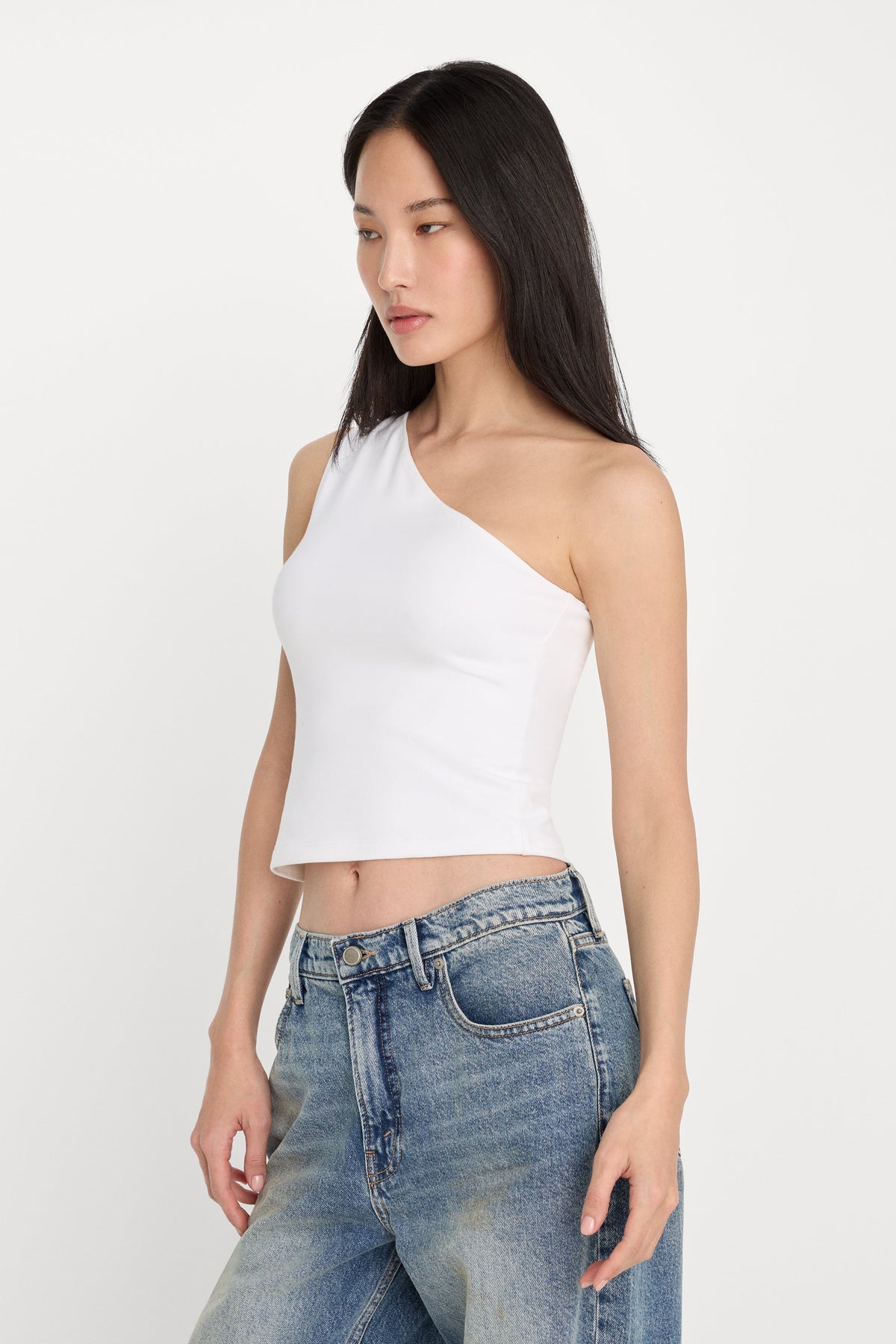 Premium SUPER STRETCH ONE SHOULDER TANK WHITE001