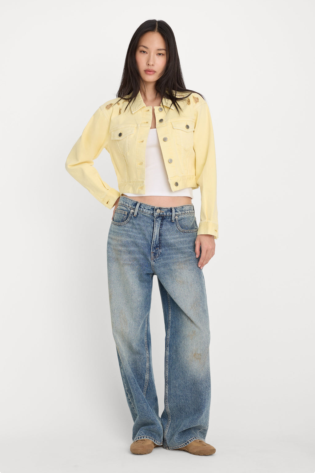 Premium ESSENTIAL CROP DENIM JACKET EMBROIDERED ANISE YELLOW