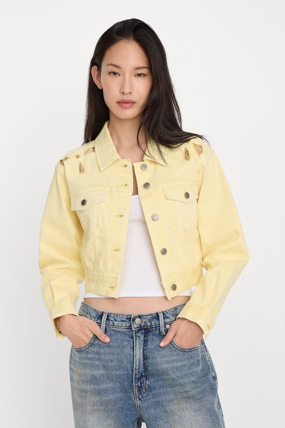 Premium ESSENTIAL CROP DENIM JACKET EMBROIDERED ANISE YELLOW