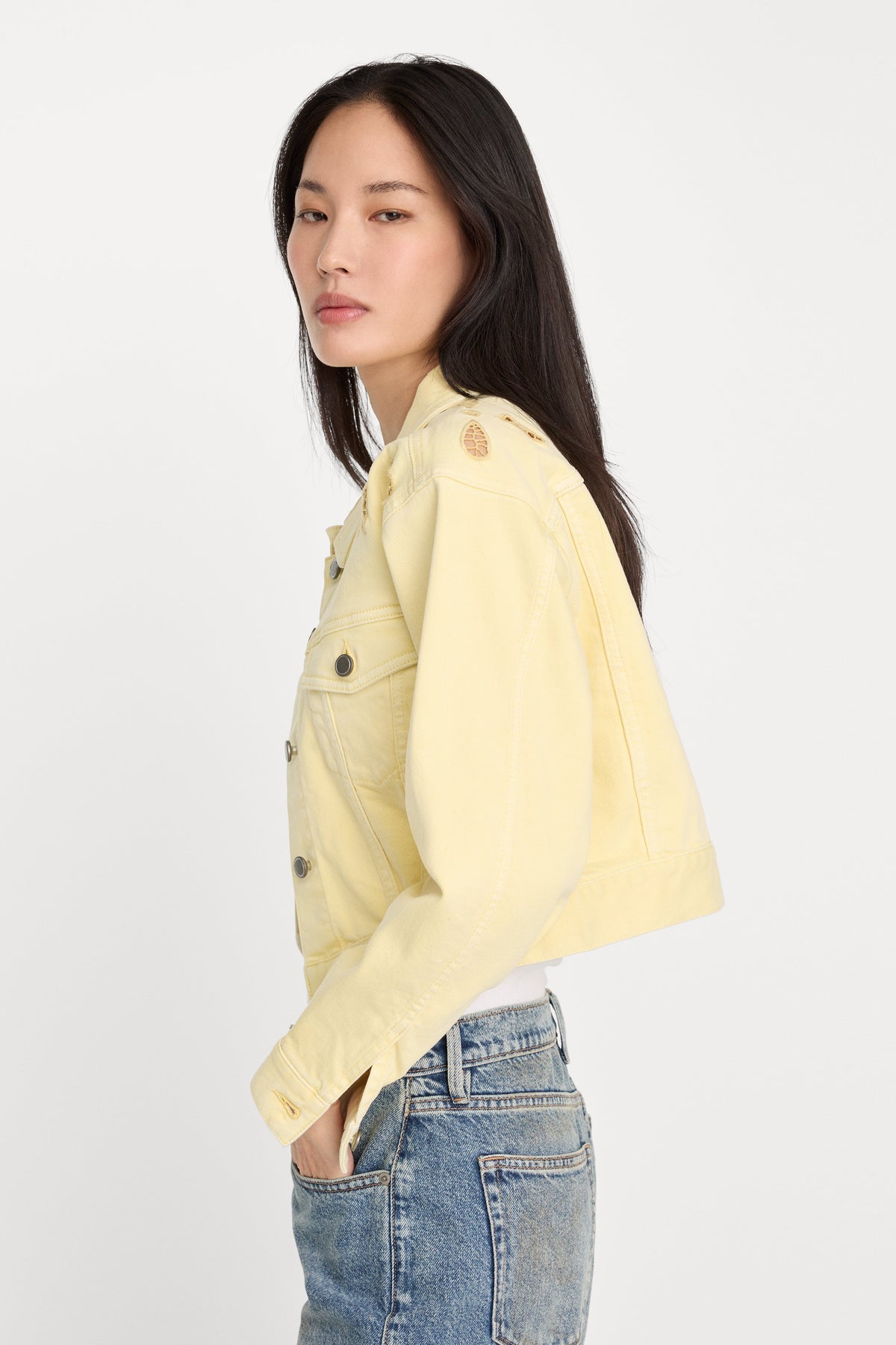 Premium ESSENTIAL CROP DENIM JACKET EMBROIDERED ANISE YELLOW