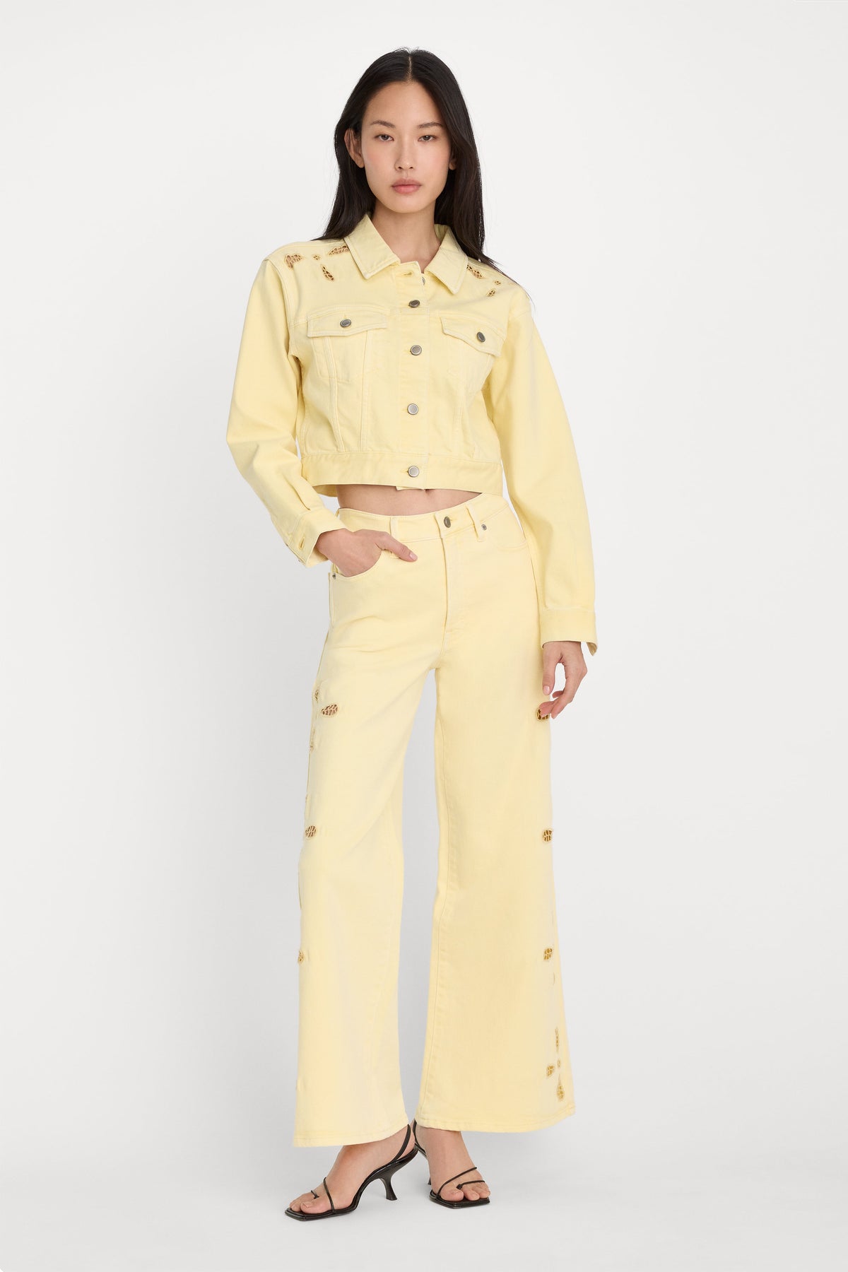 Premium GOOD WAIST PALAZZO ANKLE EMBROIDERED JEANS ANISE YELLOW