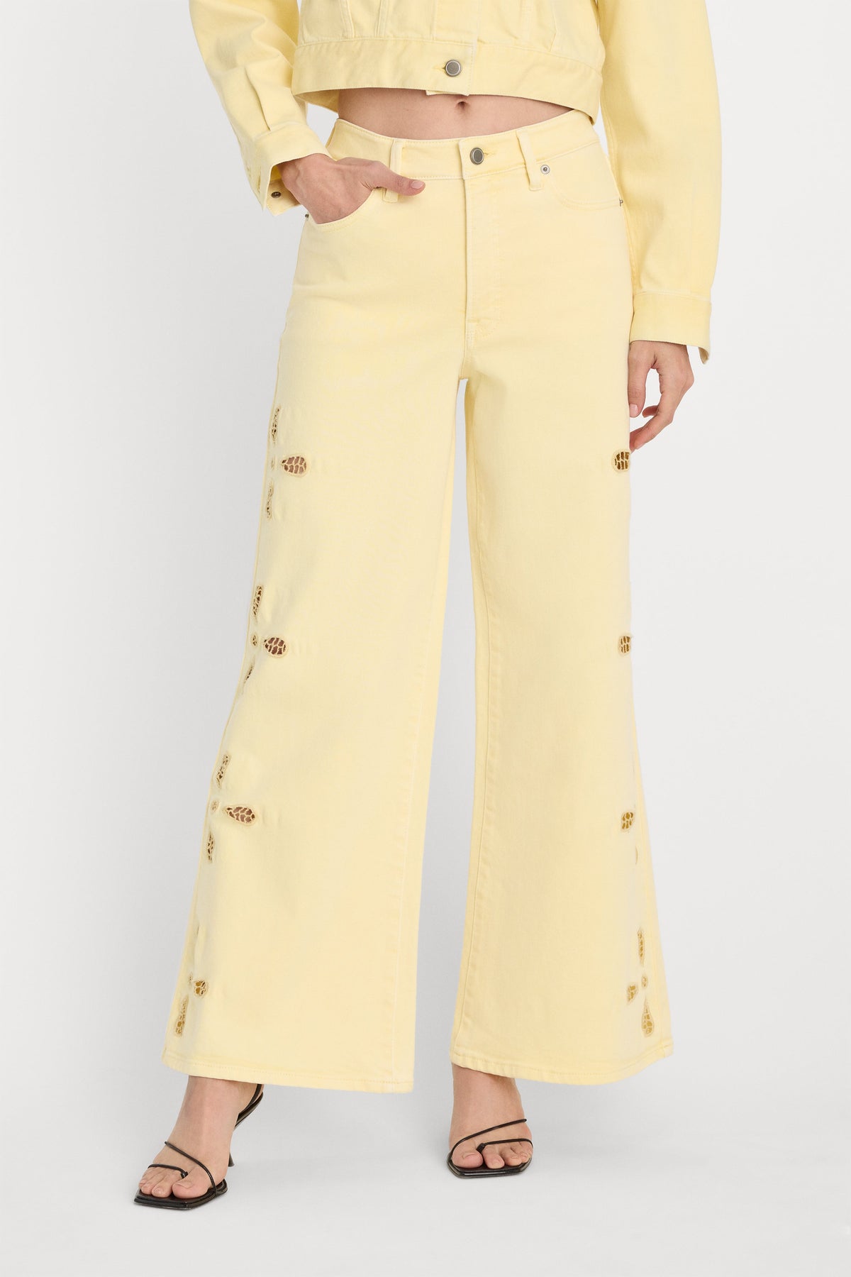 Premium GOOD WAIST PALAZZO ANKLE EMBROIDERED JEANS ANISE YELLOW