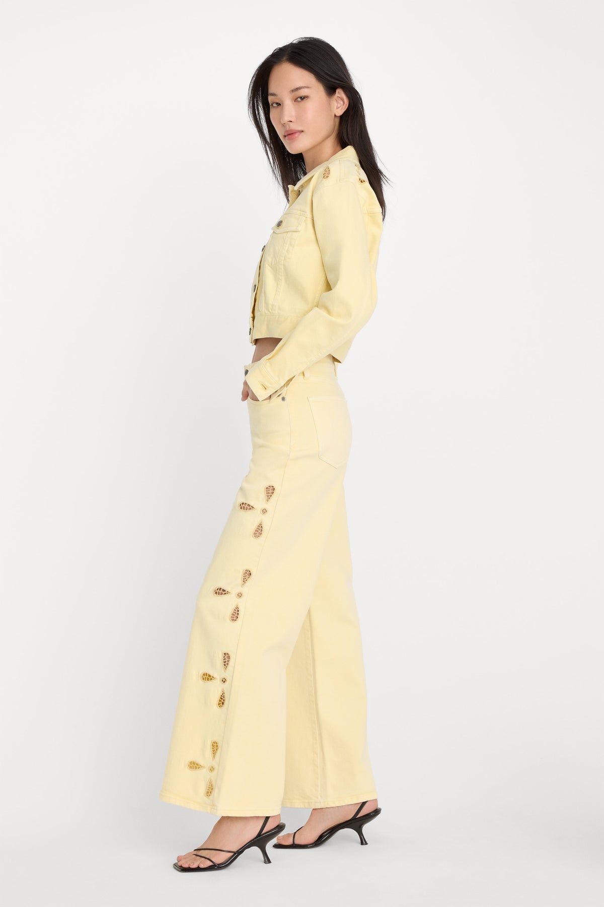 Premium GOOD WAIST PALAZZO ANKLE EMBROIDERED JEANS ANISE YELLOW