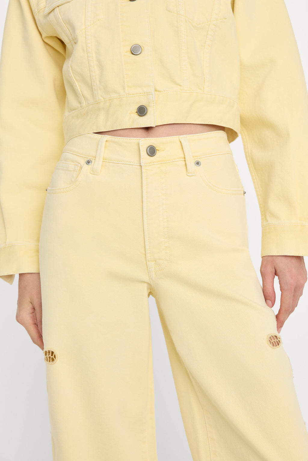 Premium GOOD WAIST PALAZZO ANKLE EMBROIDERED JEANS ANISE YELLOW