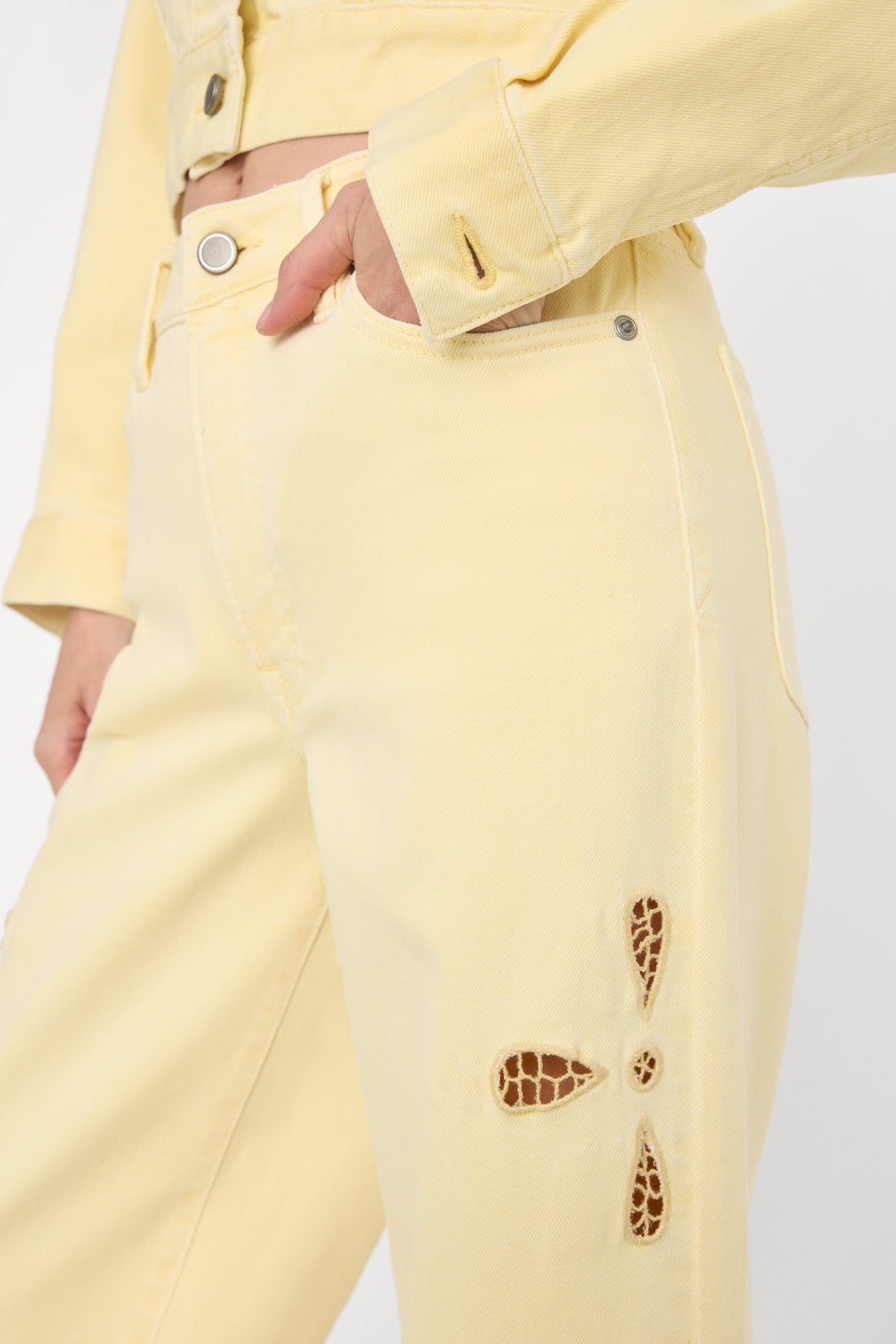 Premium GOOD WAIST PALAZZO ANKLE EMBROIDERED JEANS ANISE YELLOW