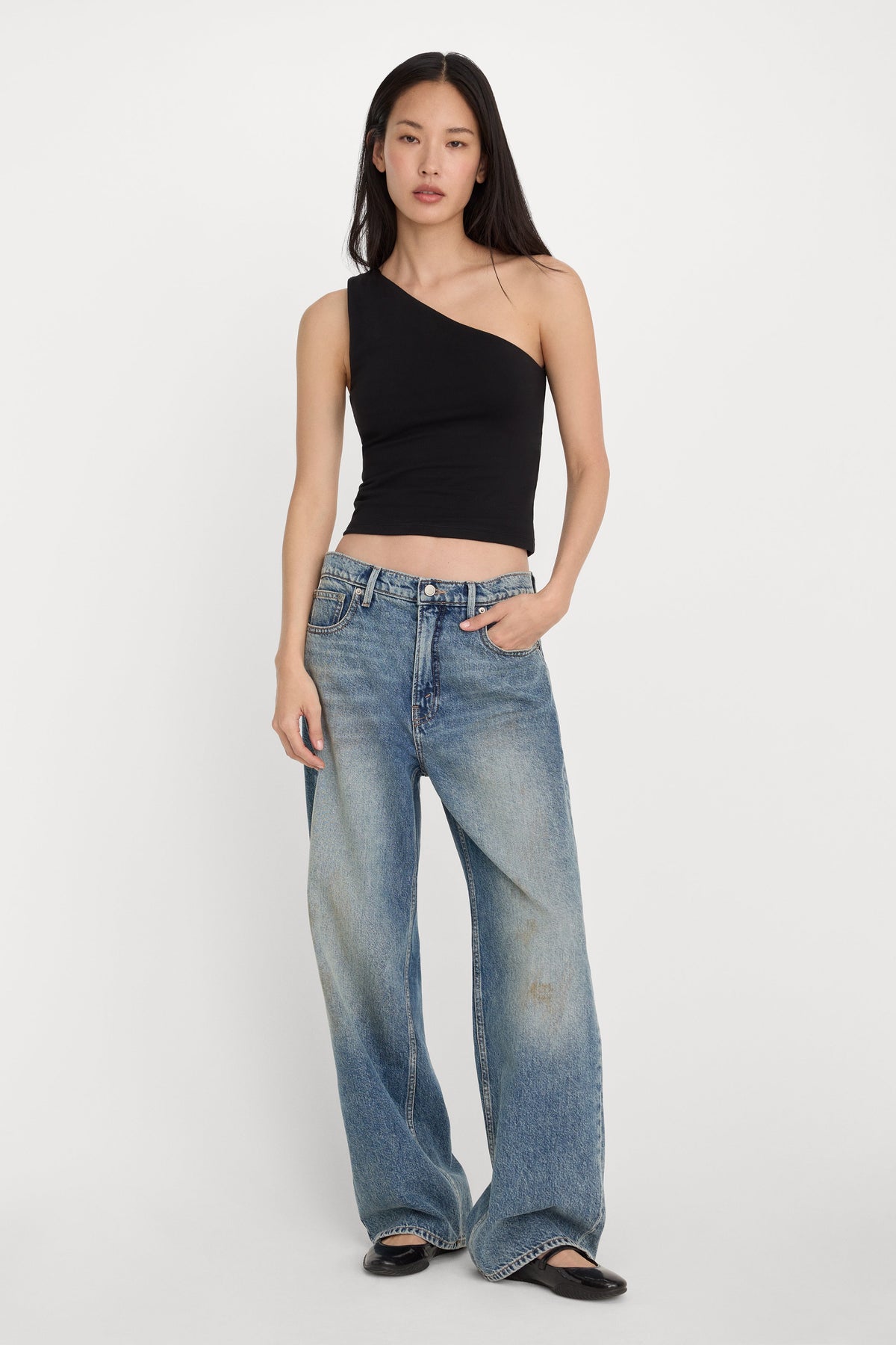 Premium SUPER STRETCH ONE SHOULDER TANK BLACK001