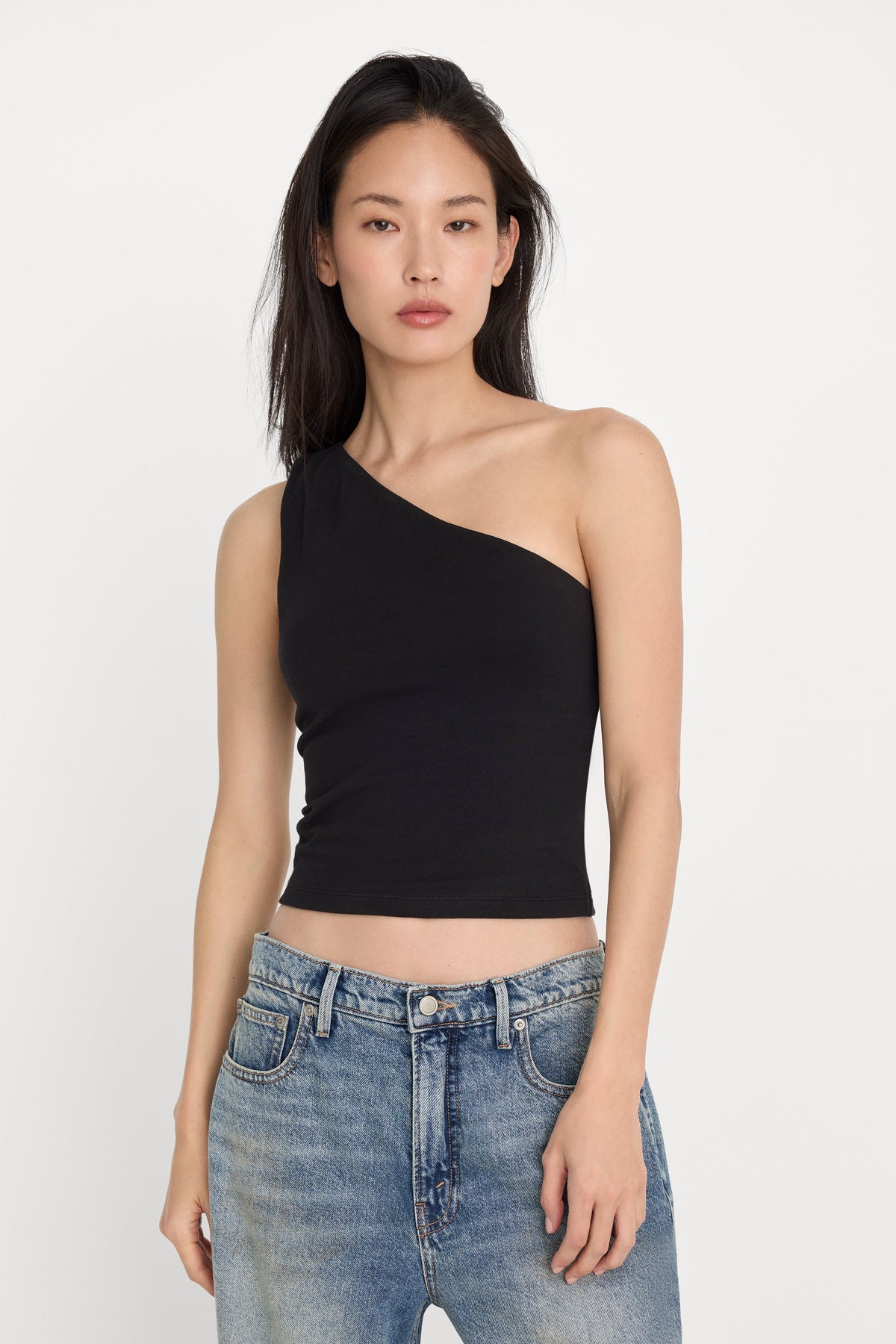Premium SUPER STRETCH ONE SHOULDER TANK BLACK001