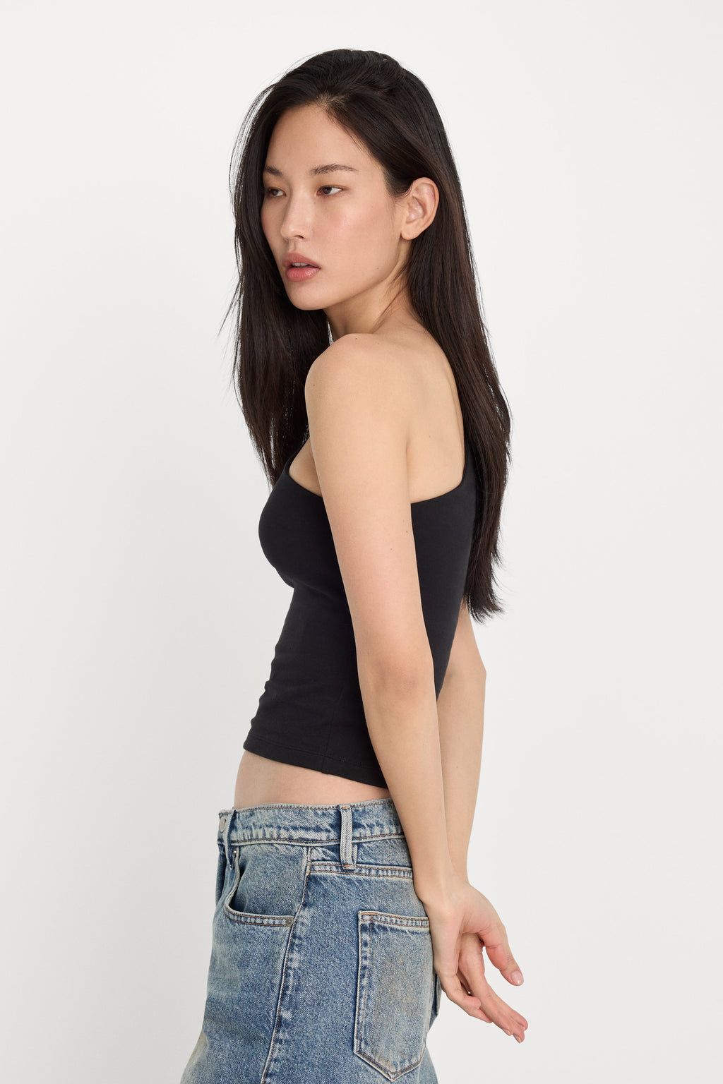 Premium SUPER STRETCH ONE SHOULDER TANK BLACK001