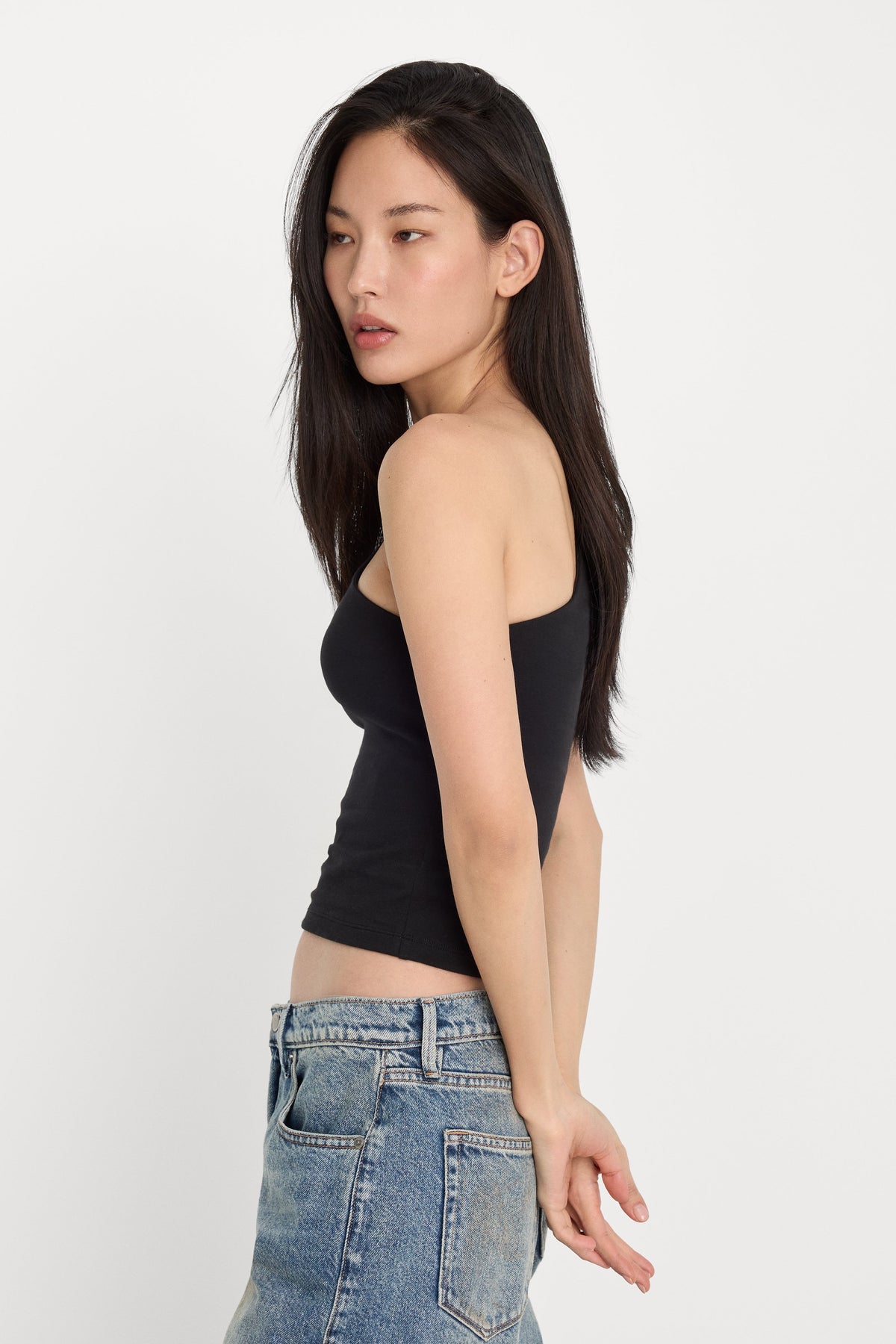 Premium SUPER STRETCH ONE SHOULDER TANK BLACK001