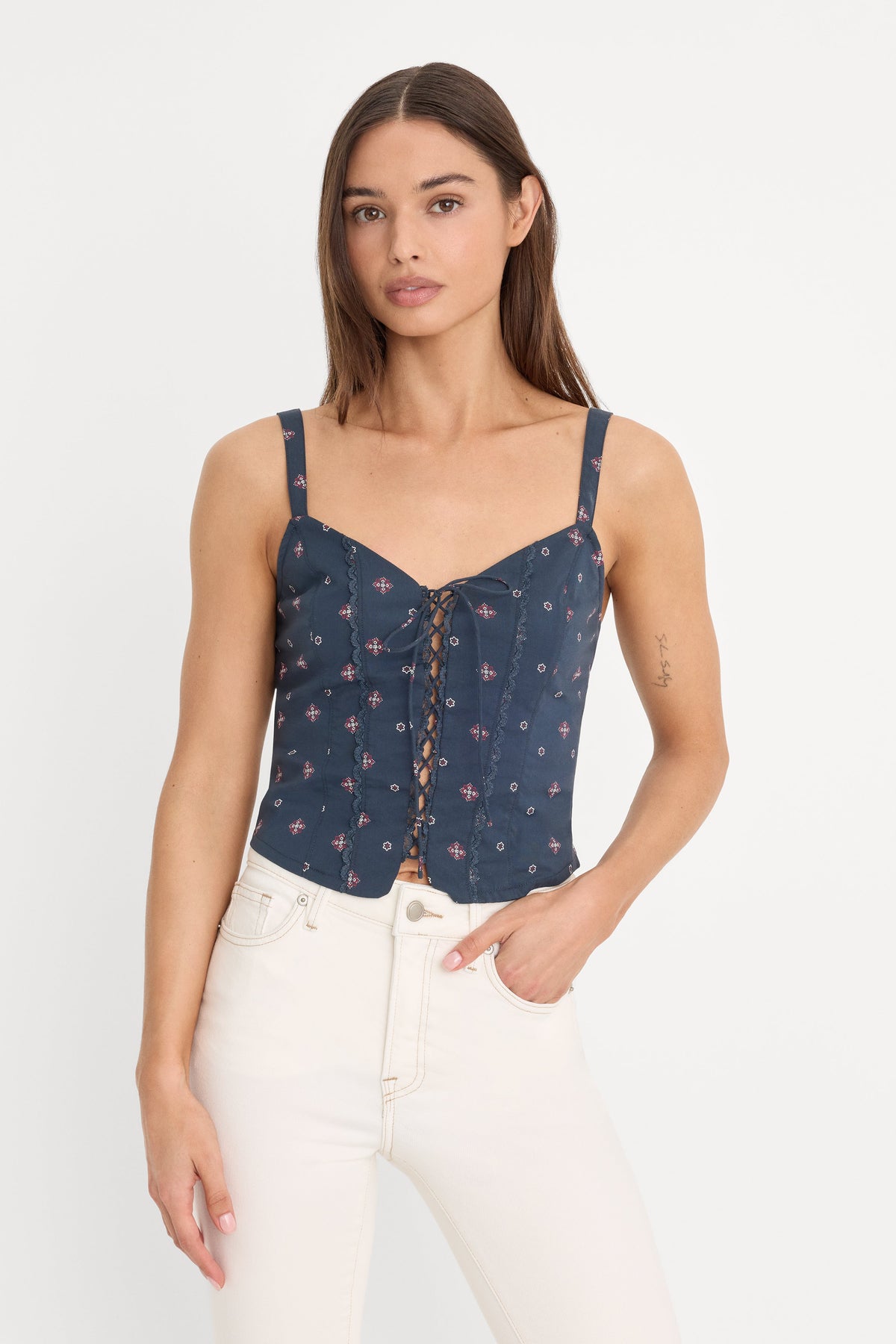 Premium DOLLY LACE UP POPLIN TANK NEW NAVY BANDANA PRINT