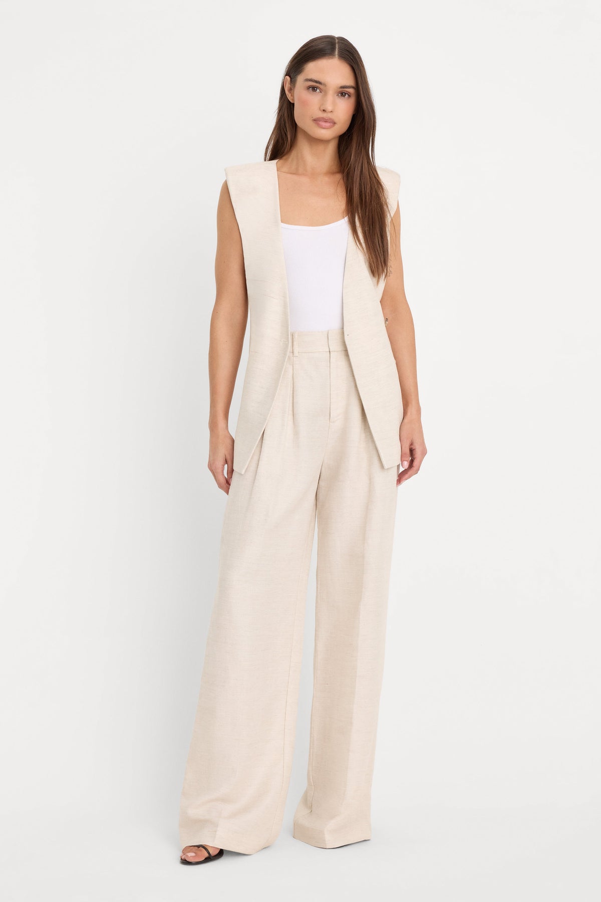 Premium LINEN SLEEVELESS BELTED VEST OAT