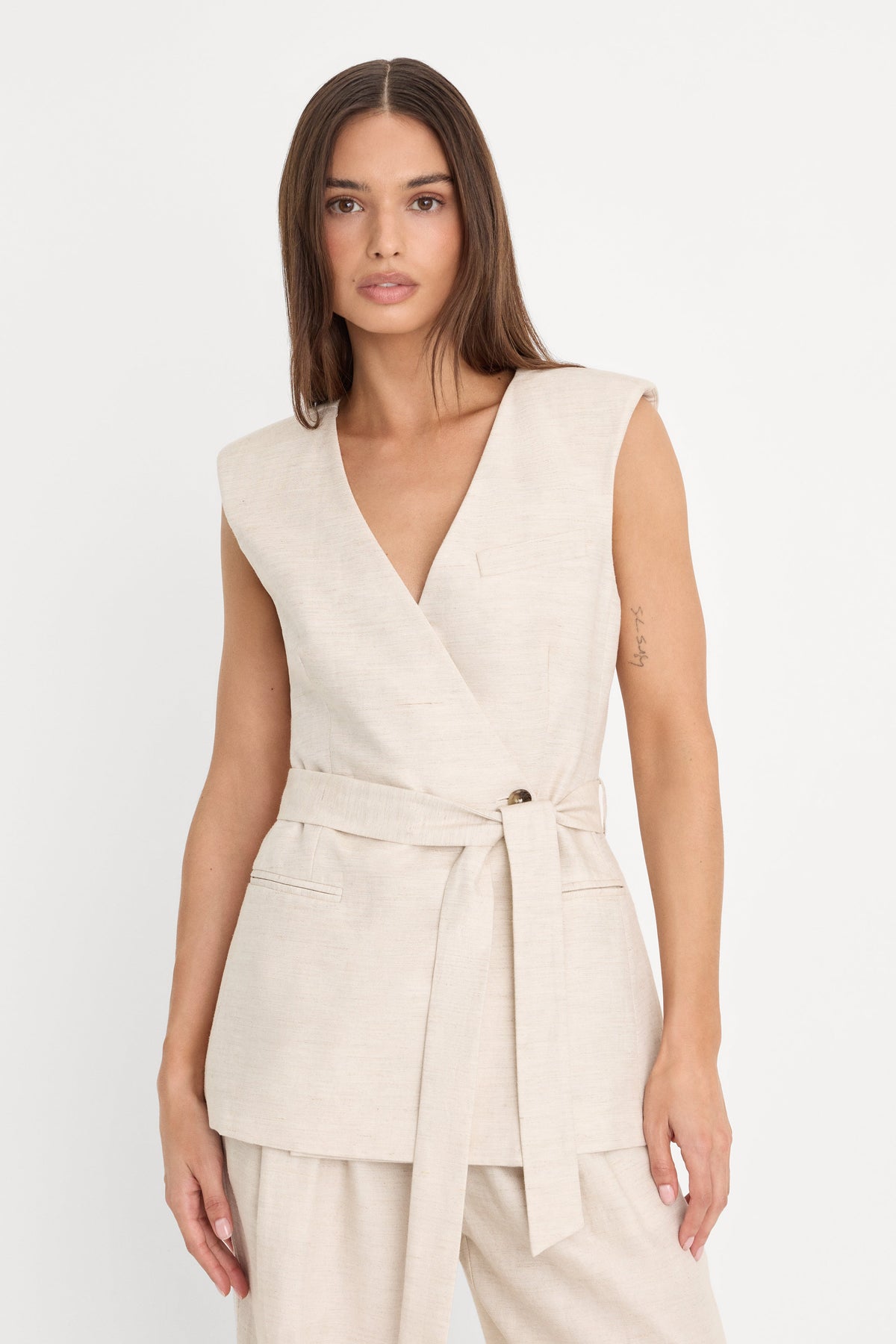 Premium LINEN SLEEVELESS BELTED VEST OAT