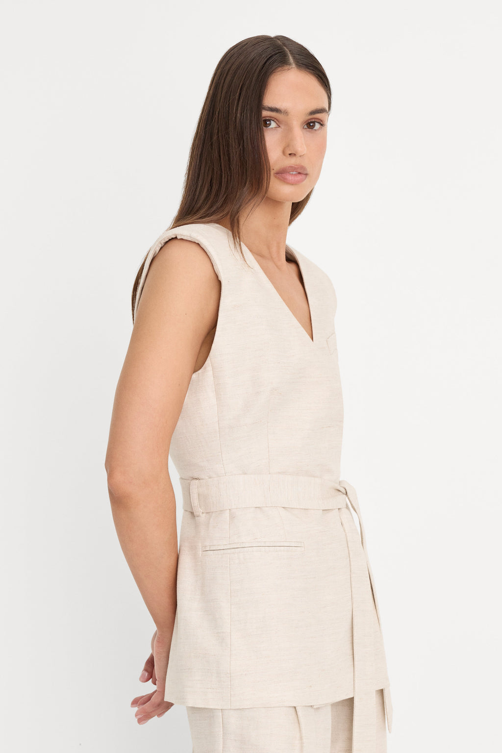 Premium LINEN SLEEVELESS BELTED VEST OAT